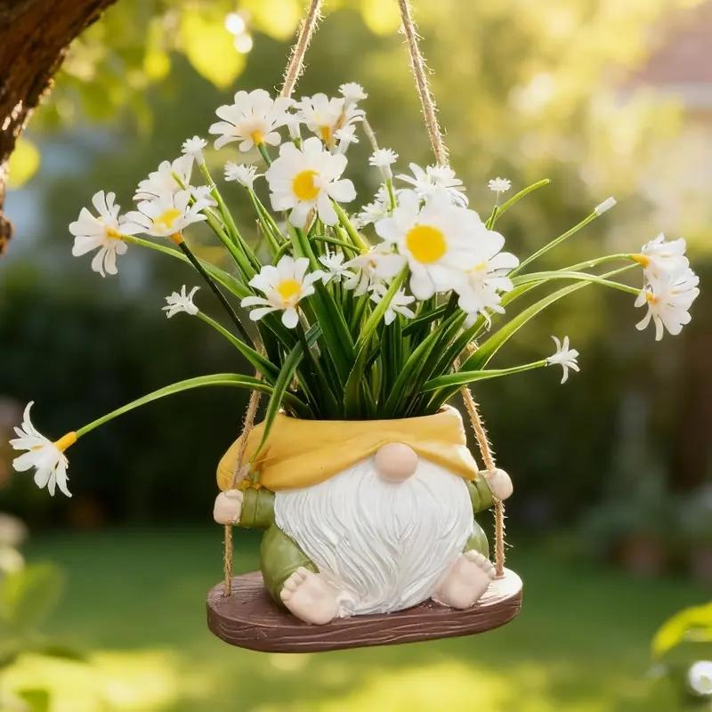 Cute Gnome Dwarf Swing Hanging Planter, Resin Craft Outdoor Garden Patio Decor, Weather-Resistant & Durable, New Christmas Plant Pot