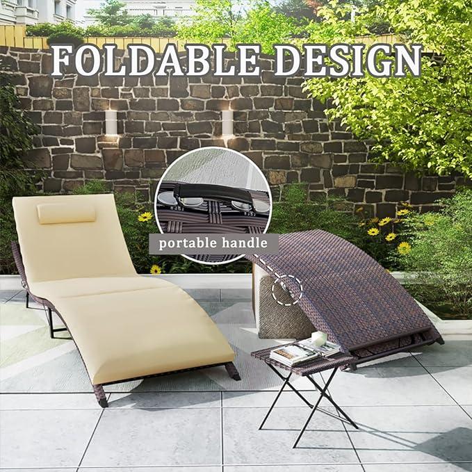 Kullavik Lounge Chair for Outside,3 Pieces Chaise Lounge Outdoor Folding Pool Lounge Chairs（with/without rattan arms）Including Table Rattan Patio Furniture Set