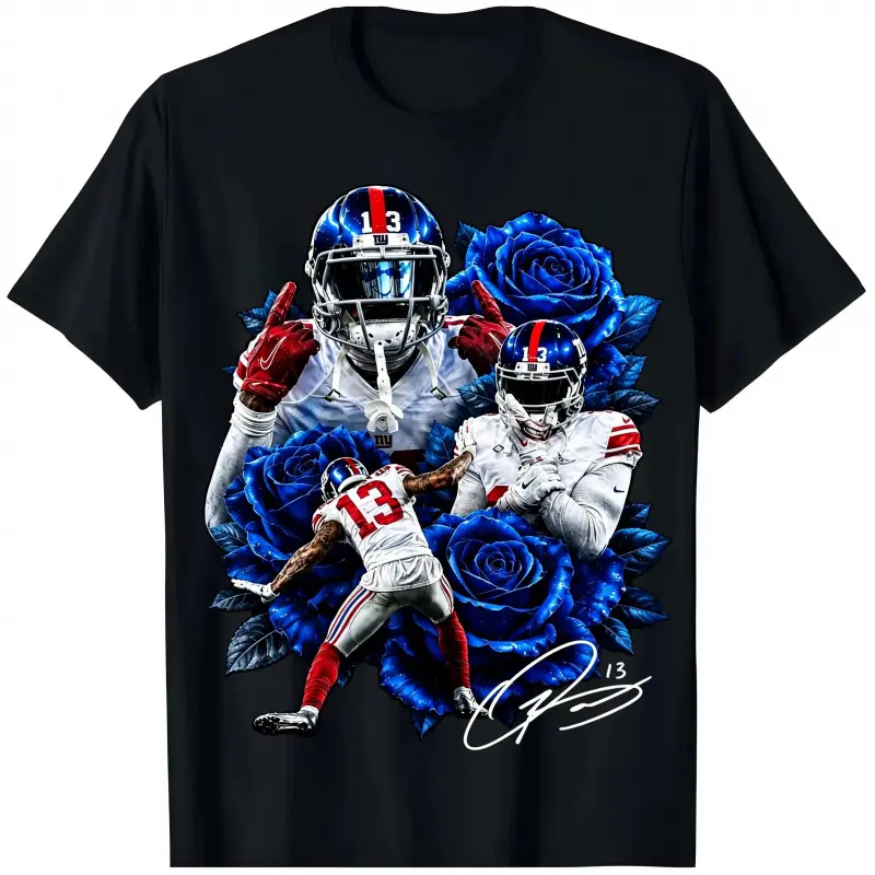 Graphic T-Shirt OBJ Roses Graphic Tee, Odell Beckham Jr. Blue Roses Shirt, Giants Fans Football Game Day Shirt, Signature Wide Receiver Sports Merch, Unisex Short Sleeve Graphic Tee for Men Women, Streetwear Casual Football Fan Apparel Gift