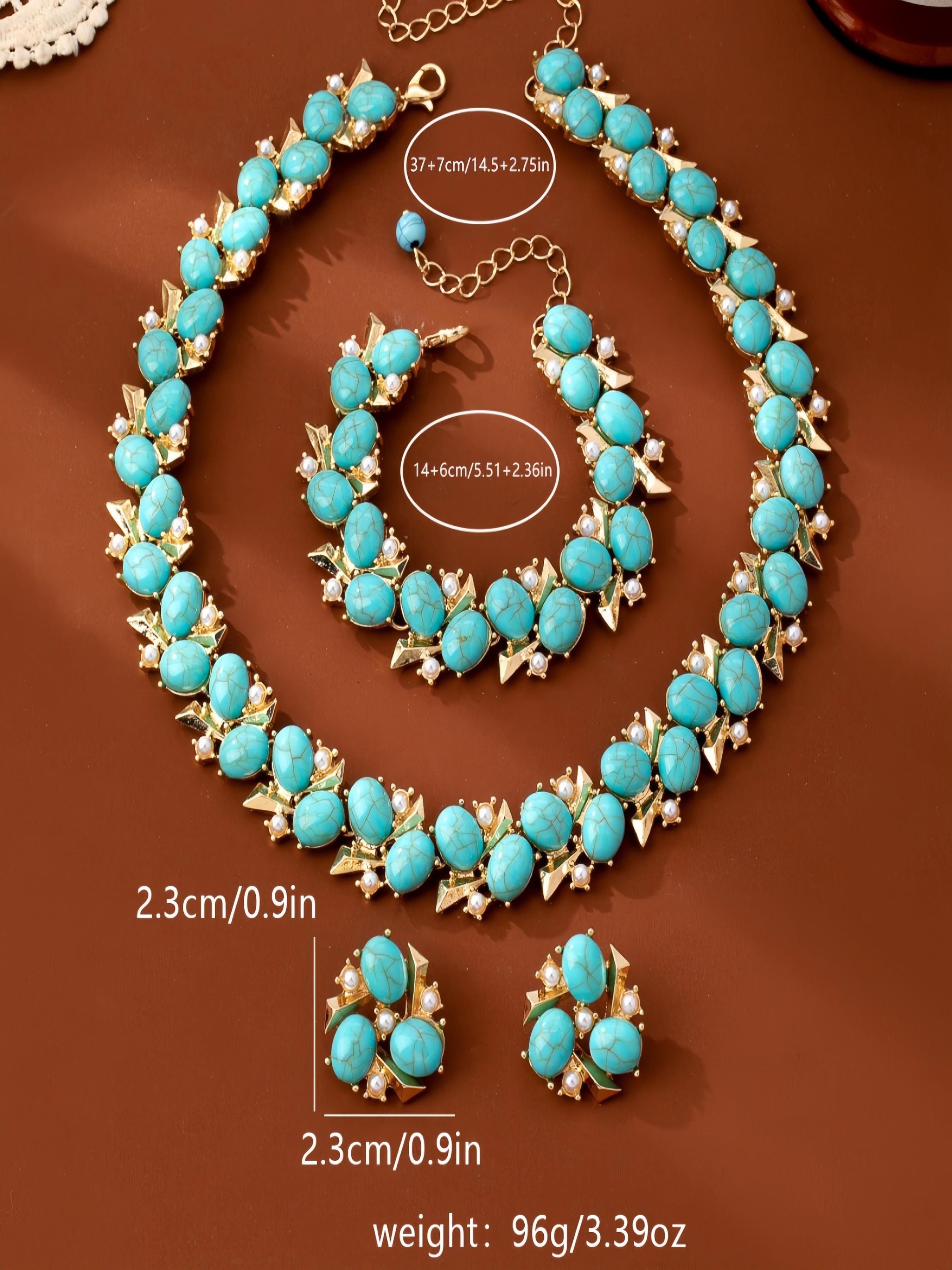 Vintage Gold Tone Turquoise Statement Jewelry Set, 3-Piece Necklace Earrings Bracelet, Luxury Turquoise Gemstone Jewelry for Women, Party Prom Wedding Accessory Gift