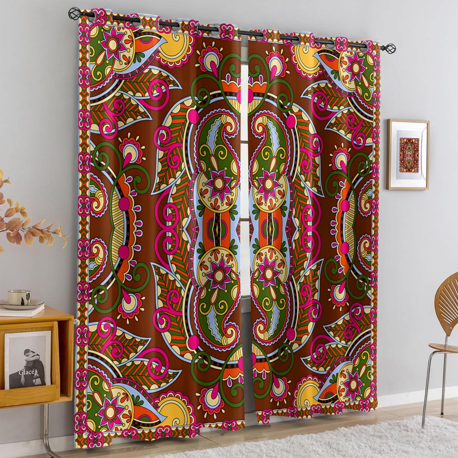 2 Panels Set Boho Paisley Digital Print Window Drapes, Vintage Ethnic Style Darkening Grommet Curtains, Thermal Insulated Privacy Blackout Drapes, Decorative Window Treatment for Living Room, Bedroom, Dorm, Home Office