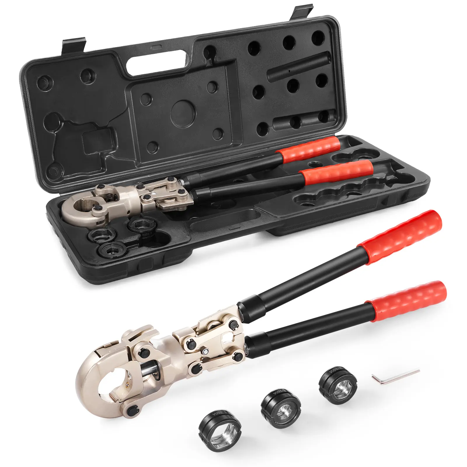 Copper Press Tool Tube Fittings Crimping Kit, 360° Rotatable Press Crimper Tool with 1/2", 3/4", 1" Quick Change Jaws, Locking Pin & Extendable Handle, Meet ASTM B88 and B75 Standard
