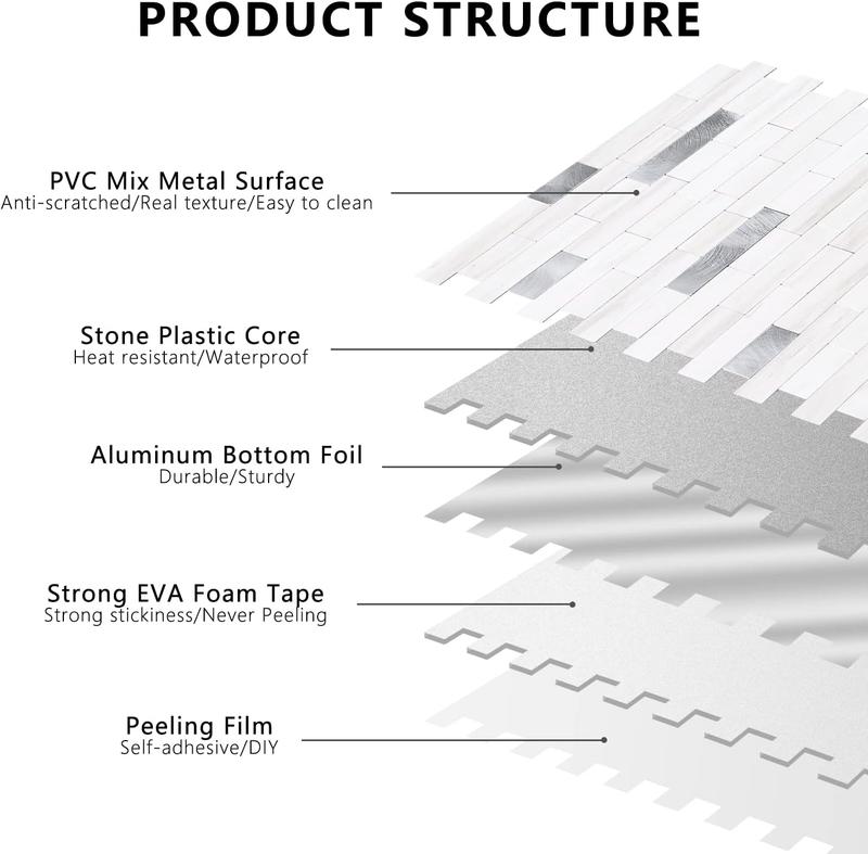 STICKGOO 10 Sheets Peel and Stick Backsplash Tile, Stick on Backsplash for Kitchen and Bathroom, Dolomite White Marble Look PVC Mixed Metal Silver Self Adhesive Wall Tiles