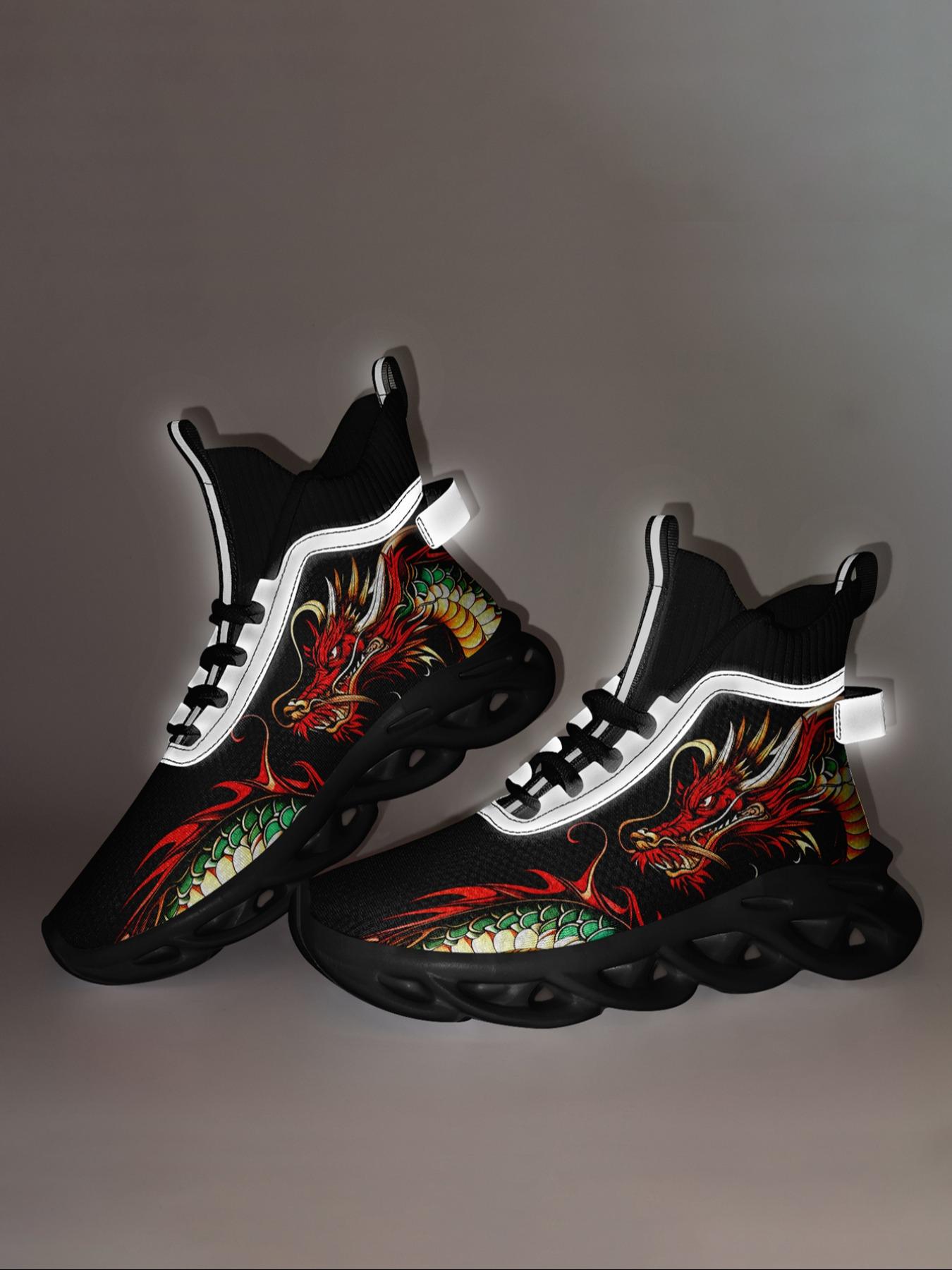 Men's Dragon Print Lace Up High Top Sneakers, Casual Sporty Breathable Comfortable Blade Soles Running Shoes, Male  Round Toe Sports Shoes for Daily Wear
