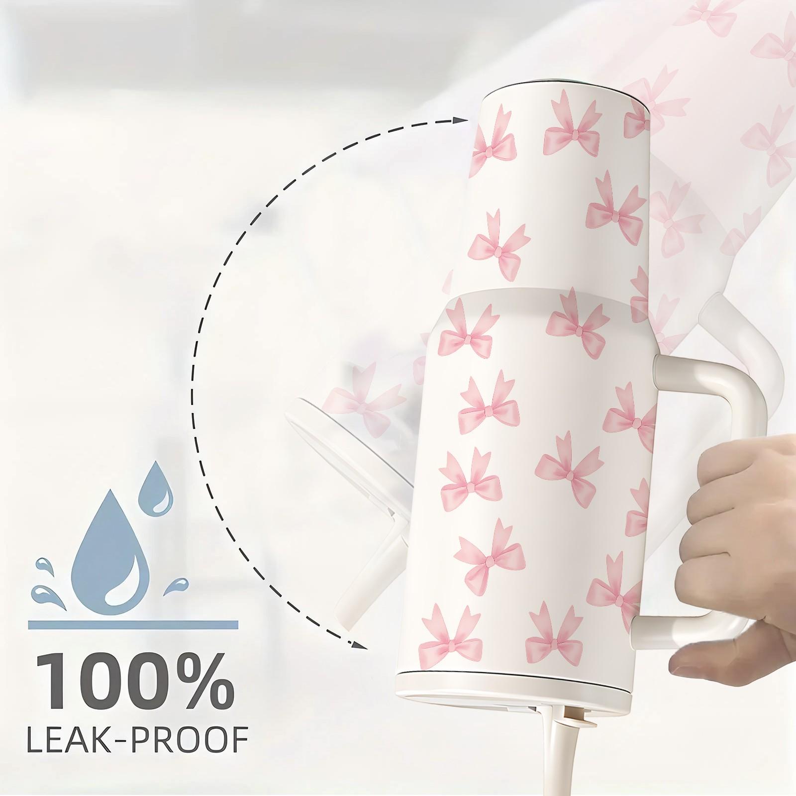 1 Pc 40 Oz Stainless Steel Water Cup with Handle and Folding Straw, Cute Pink Ribbon Bow Pattern Design, Double Wall Insulated Thermal Mug, Hot 12H / Cold 24H, Fun Drinkware, Easter Mother’s Day Birthday Holiday Gift for Friends.