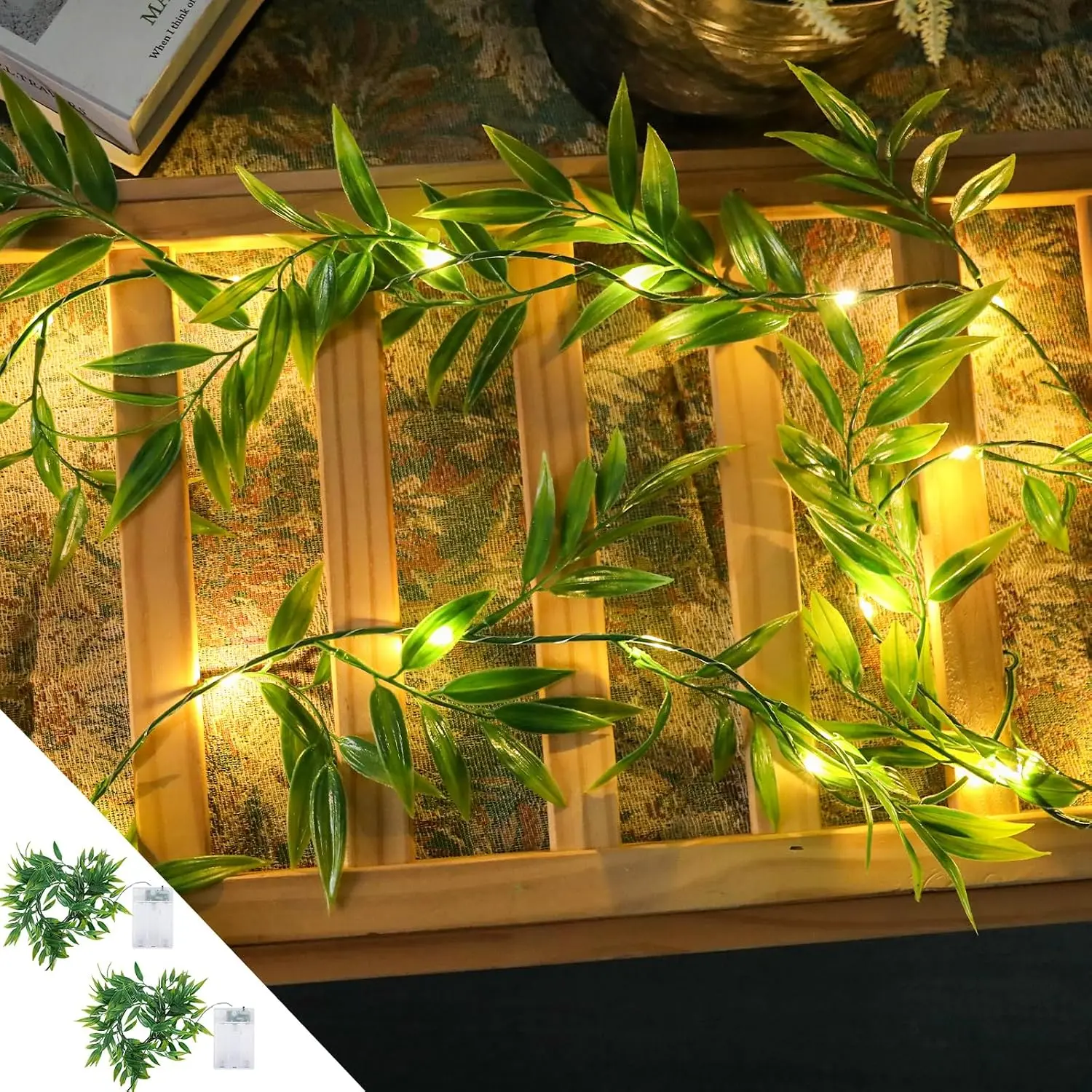 2 Pack 6ft Lights with Green Leaf, Battery Operated,20 LED Artificial Plant Vine Light Perfect for Bedroom, Christmas,Wall,, Wedding, Centerpiece,Decor (Warm White)