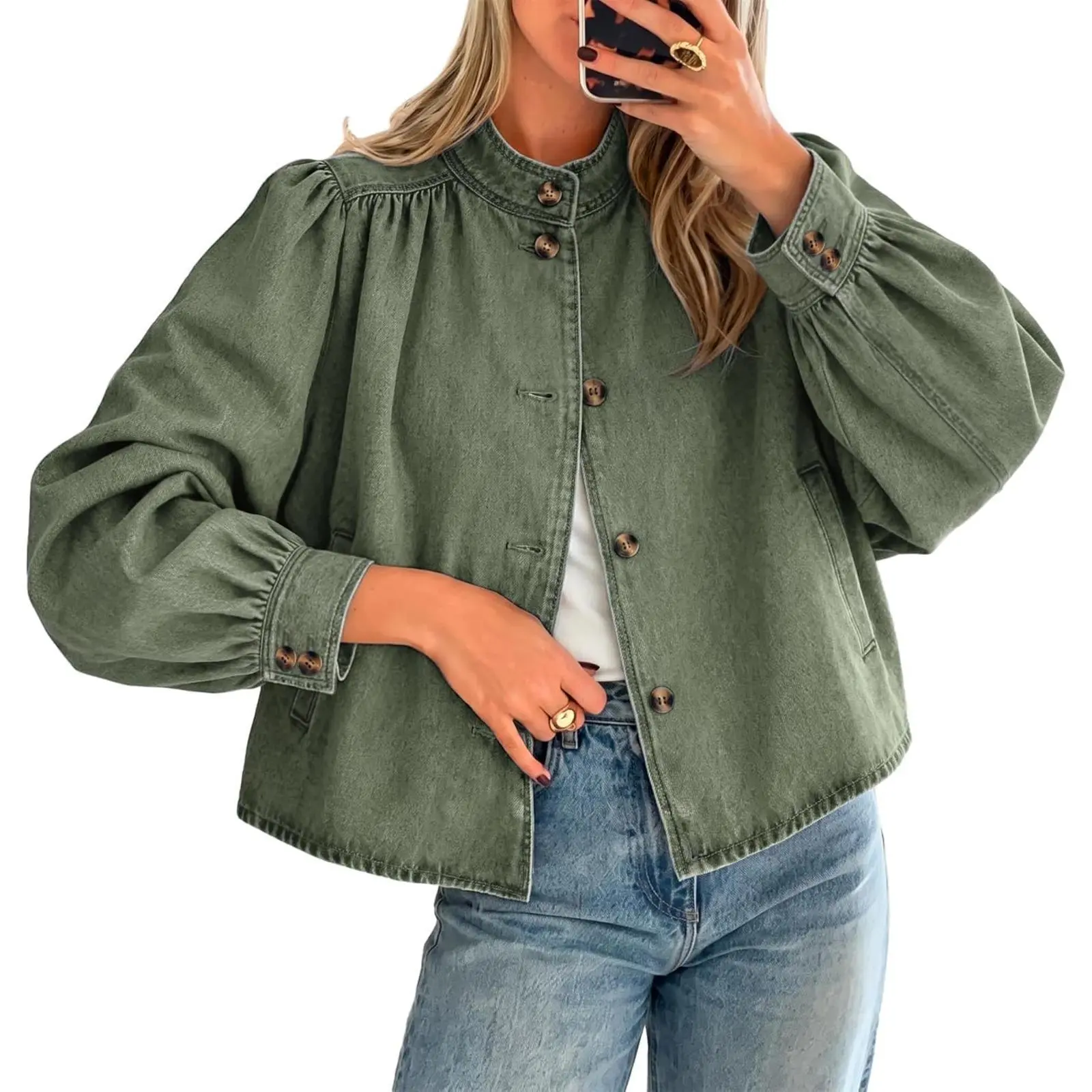 Flowyair Women's Puffed Long Sleeve Denim Jacket - Women's Fashion, Casual Stand Collar, Button-Down, Loose-Fit, Medium Length, Machine Washable Casual Top, Fashion Apparel, Puffed Sleeves