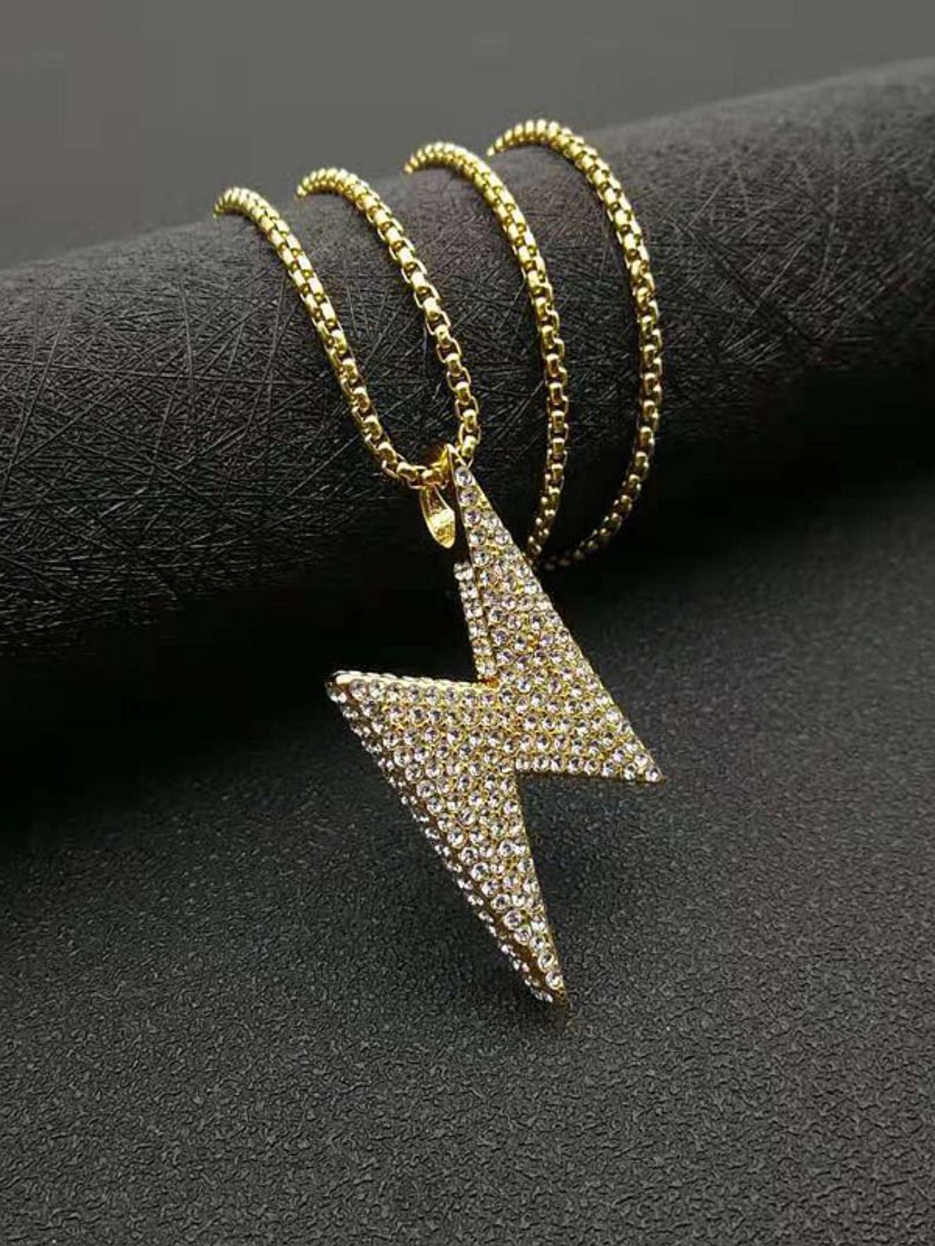 Hip Hop Stainless Steel Jewelry, Titanium Gold Plated Full Diamond Lightning Couple Pendant Necklace, Trendy Fashion Accessory