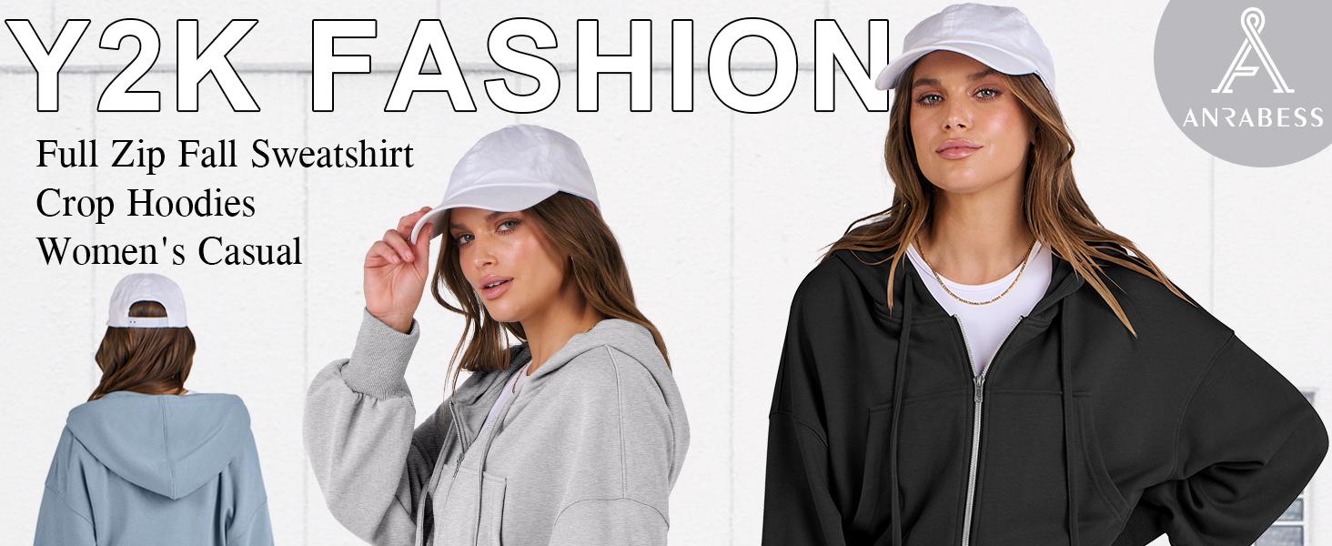 ANRABESS Hoodies for Women Zip Up Cropped Sweatshirts Casual Full Zip Jackets 2025 Fall Fashion Y2k Clothes With Pockets