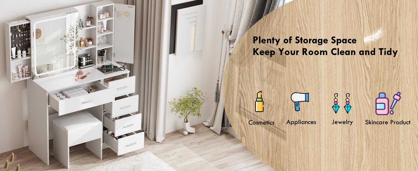 Vabches White Vanity Desk with Mirror and Lights,Makeup Vanity Table Set with Power Strip and Sliding Locker,Visual Drawer Makeup Desk with 5 Drawers&Shelves&Cabinet,3 Lighting Modes