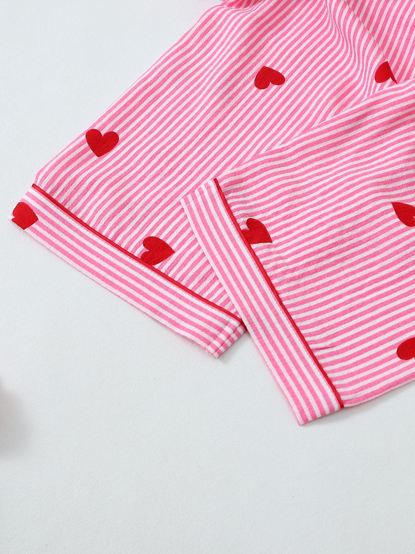 Women's Short Sleeve Long Pants Cardigan Pajama Set, Stripe Heart Full Print, Casual Slim Fit Home Wear, Loungewear, Nightwear, All Seasons