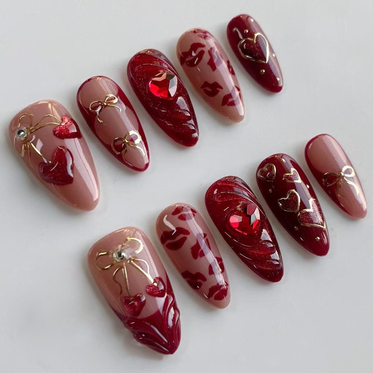 24Pcs Mid-length Gilded Almond Nails Set Press on 3D Flower Gradient Pink Full Cover False Nails Tips Pearl Reusable Fake Nails
