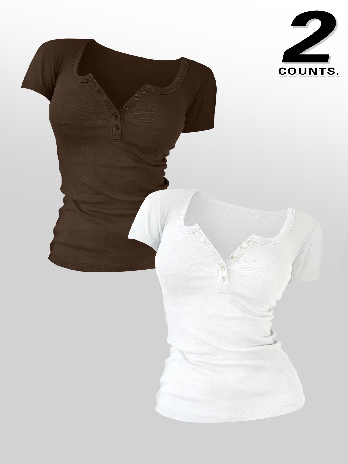 Women's Solid Color Button V-Neck Tee, Casual Short-Sleeve T-Shirt Top for Summer Daily Wear, Ladies Clothes