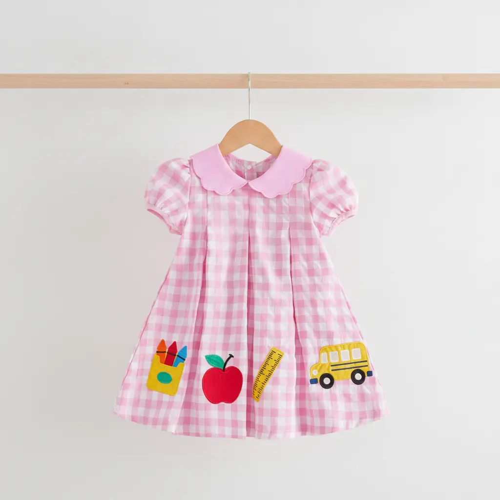 Kid Girls Back To School Dress Summer Plaid Apple School Bus Embroidered Doll Collar Short Sleeve A-line Dresses for Summer Spring
