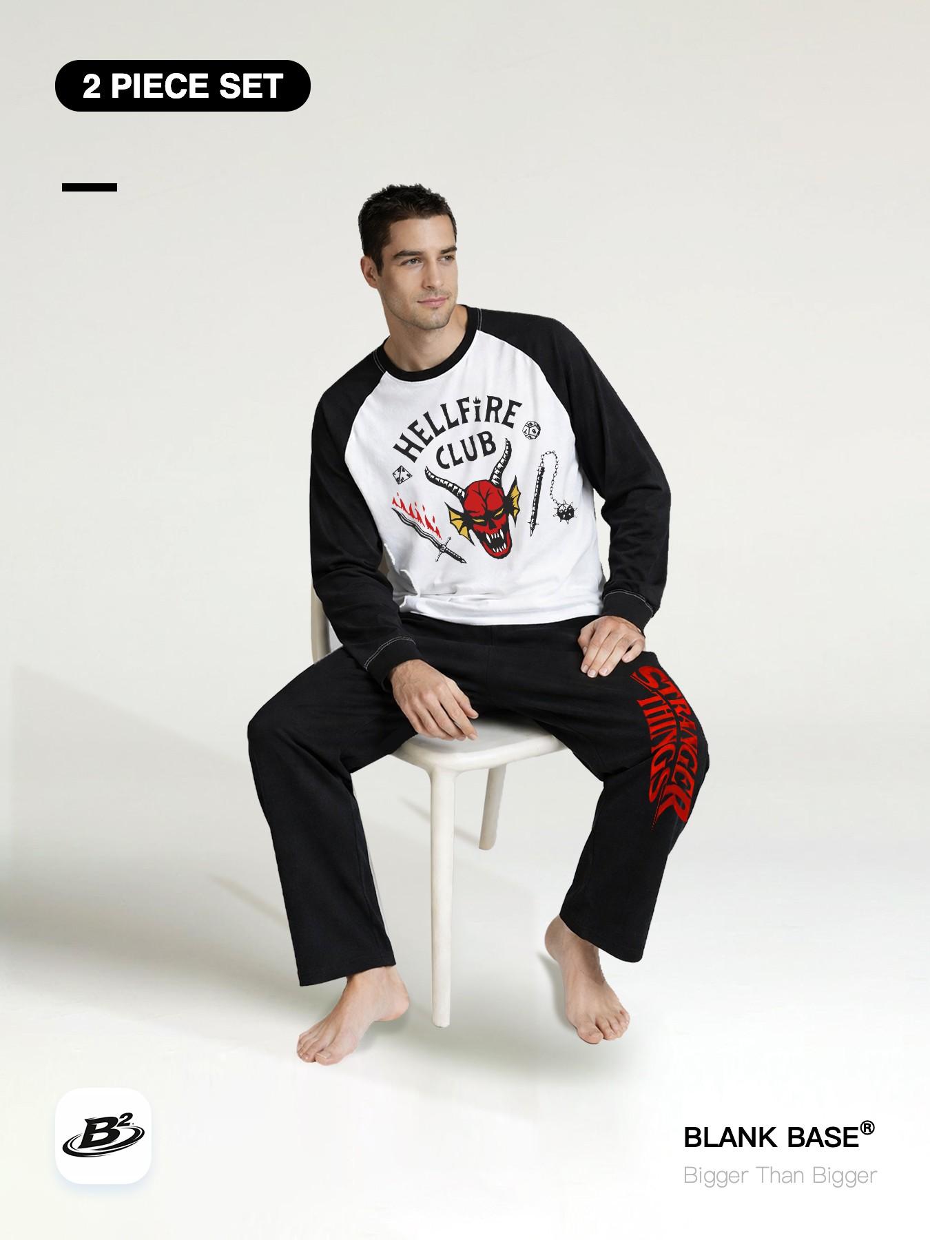 Stranger Things 「2-Piece Set」 Hellfire Club Comfortable Breathable Patchwork Long Sleeve + Pants, Casual Loose Fit Unisex Home Wear