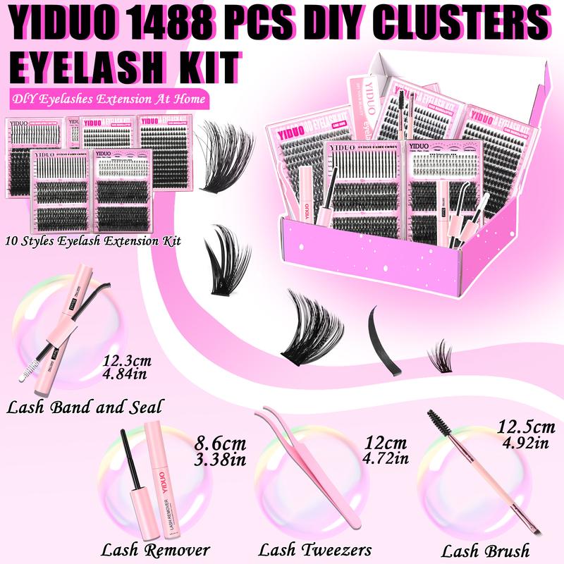 1488pcs Lash Cluster Kit, Home DIY Makeup Eyelash Extensions Set with 10 Styles (50D/60D/80D/100D/Bottom/Spike/Manga/Volume 5–20mm), D-Curl Cluster Eyelash Extension Kit, Diy Eyelashes Kit with Lash Bond & Seal, Remover, Tweezers & Brush 1488pcs Lash Cluster Kit, Home DIY Makeup Eyelash Extensions Set with 10 Styles (50D/60D/80D/100D/Bottom/Spike/Manga/Volume 5–20mm), D-Curl Cluster Eyelash Extension Kit, Diy Eyelashes Kit with Lash Bond & Seal, Remover, Tweezers & Brush