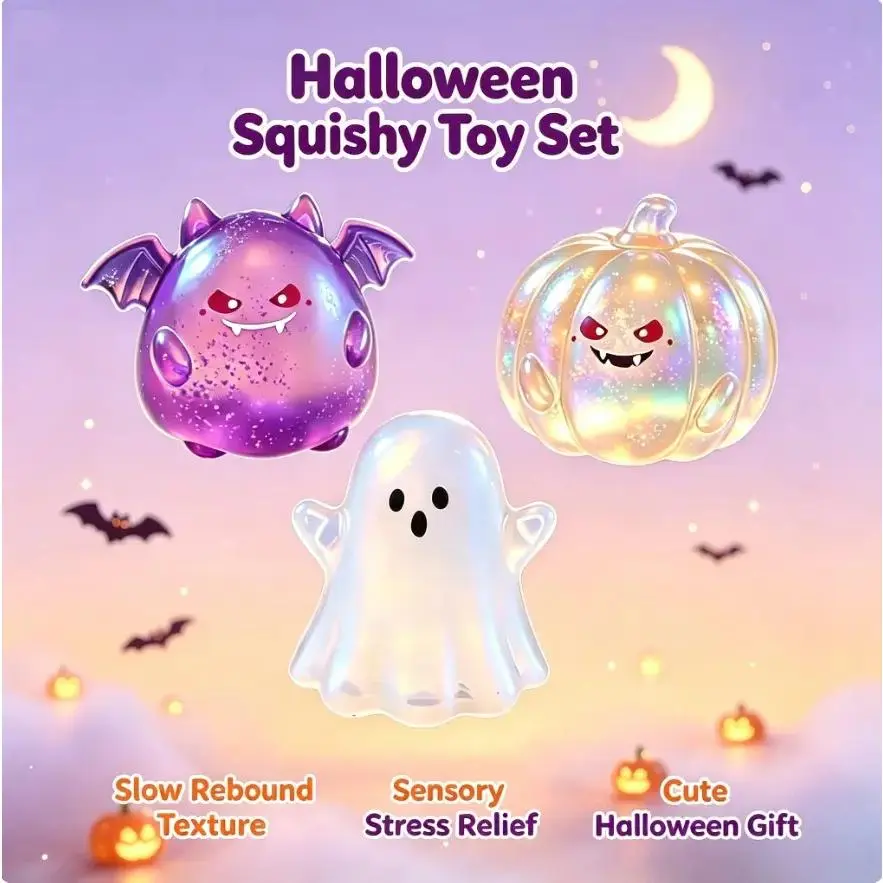 Halloween Sparkling Glitter Slow Rising Squishy Toy Spooky Bat Ghost Pumpkin Stress Relief Squeeze Toy Soft Stretchy Cute Sensory Hand Fidget Toy Party Favor Goodie Bag Fillers for Kids Adults