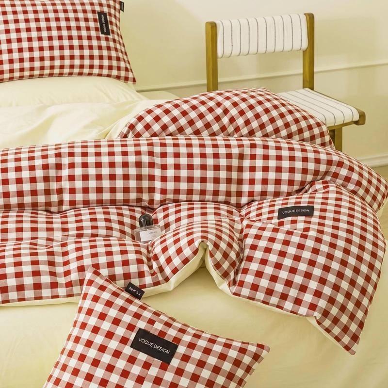 Colorful Cationic Fabric Plaid Four-Piece Set, Includes Duvet Cover, Bed Skirt, Pillowcases, Comfortable and Stylish Bedroom Essentials