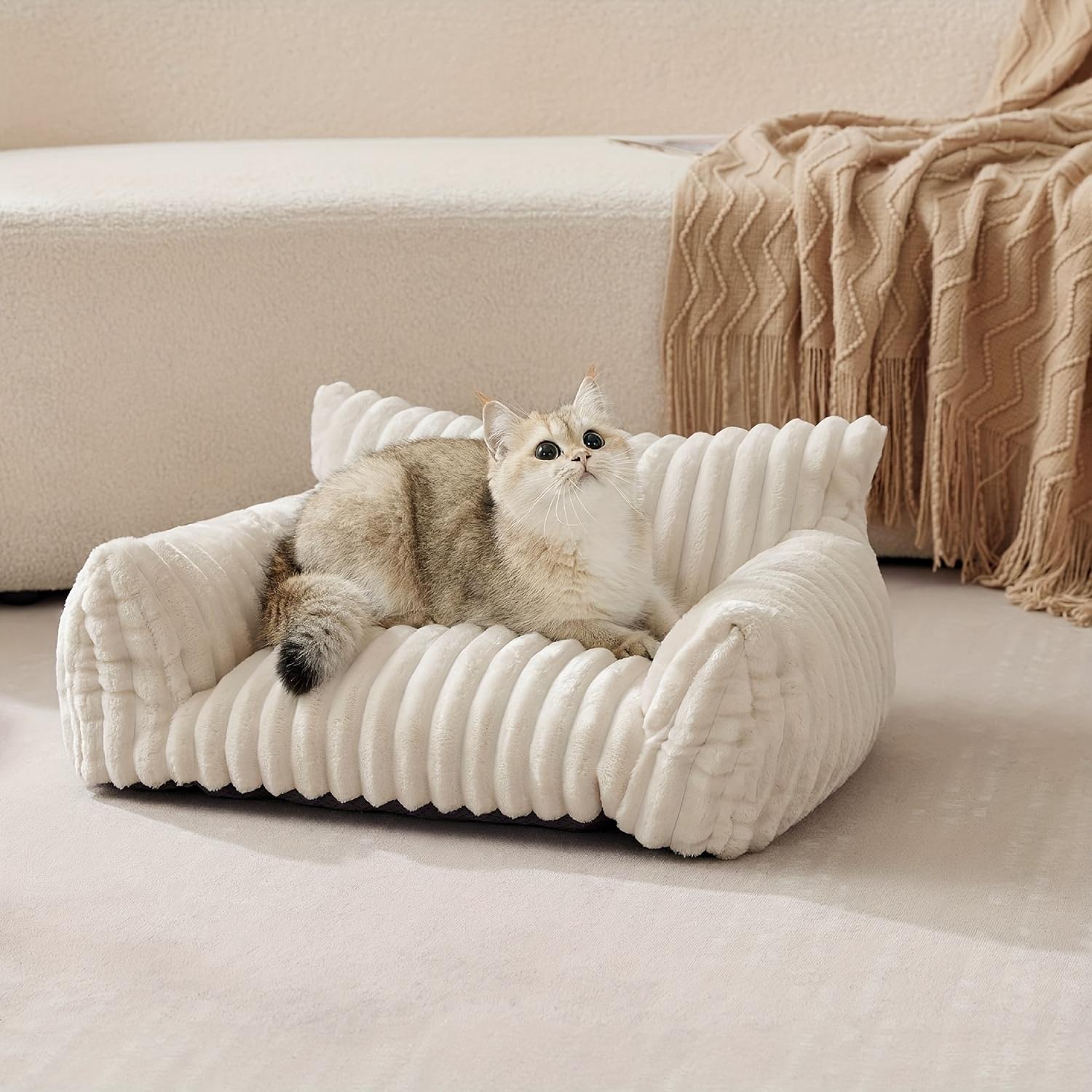 Pet Cat Sofa Bed, Fluffy Cat Bed Made of Soft Corduroy Fabric, Plush Indoor Cat Couch Sturdy Support Without Sagging