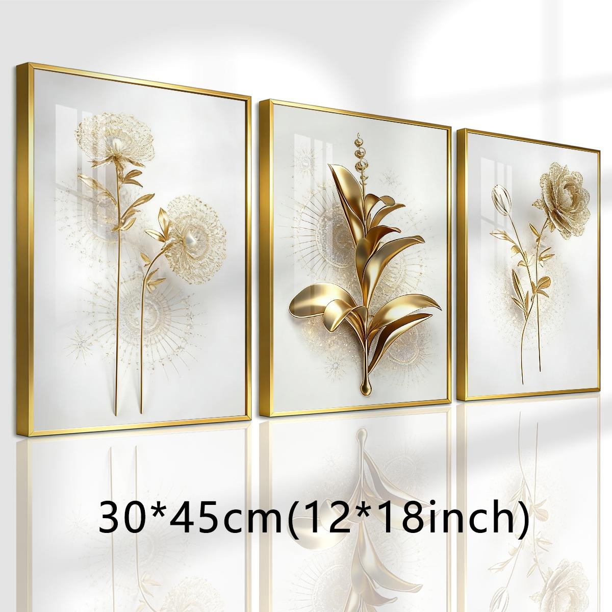 3 Counts Aluminum Alloy Framed Painting, Golden Abstract Flowers Artwork, Home Decoration For Living Room, Bedroom, Office, Restaurant, Hallway Wall Decor, Odorless Print Artwork, Luxury Perfect Gift For Friends And Family