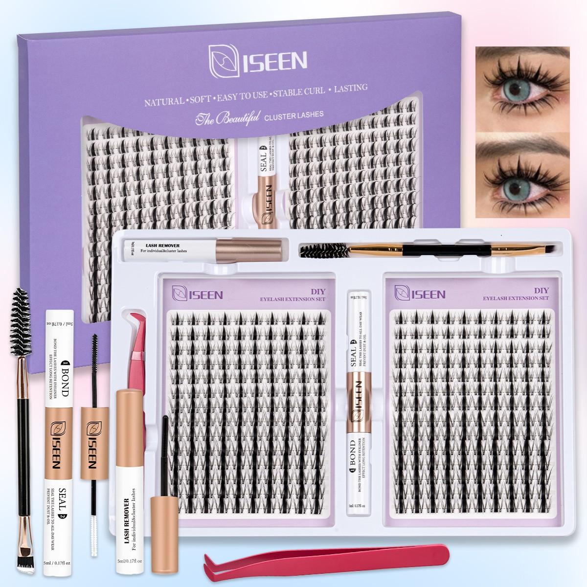 False Eyelashes Kit, 1 Set D Curl Eyelash Clusters, Fluffy Eyelash Clusters with Eyelash Glue, Remover, Brush & Tweezers, Eyelash Extension Kit for Women & Girls, Volumized False Eyelashes