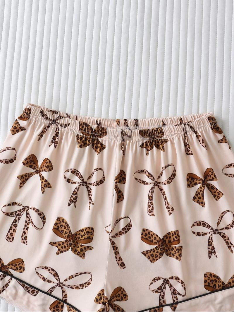 Women's Leopard Bow Print Sleepwear Set, Casual Fitted Short Sleeve Top & Loose Comfortable Shorts, Elegant Ladies' Nightwear