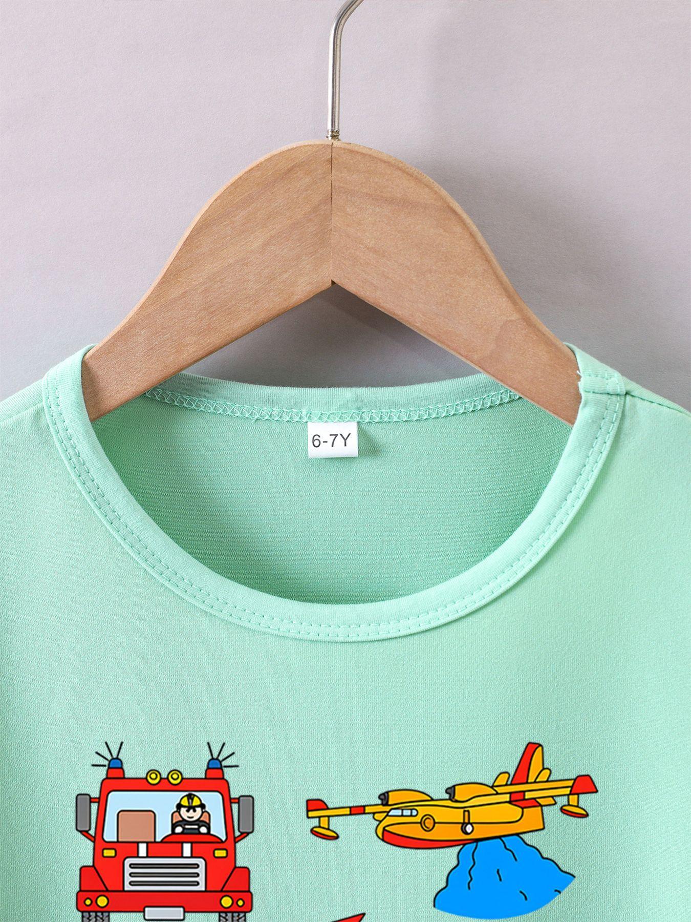Boys' Summer Breathable & Comfortable "Fire Truck" Cartoon Print (3-12Y) Casual Sports T-Shirt