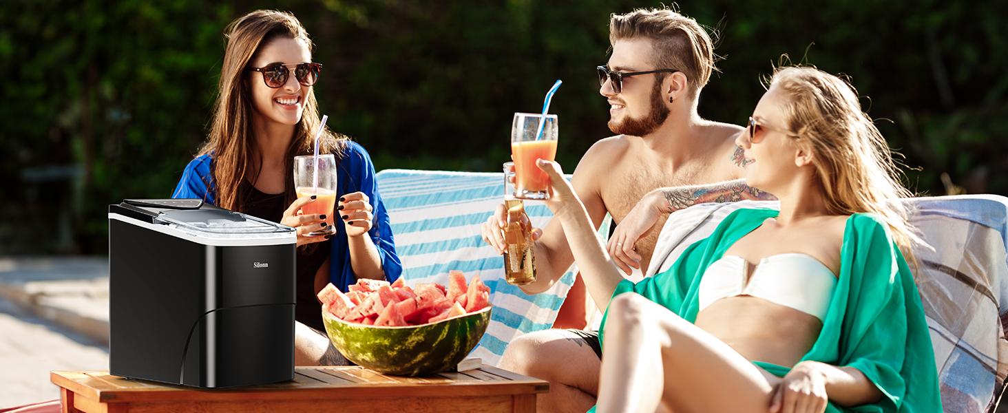 Silonn Ice Maker Countertop, Portable Ice Machine with Carry Handle, Self-Cleaning Ice Makers with Basket and Scoop, 9 Cubes in 6 Mins, 26 lbs per Day, Ideal for Home, Kitchen, Camping, RV