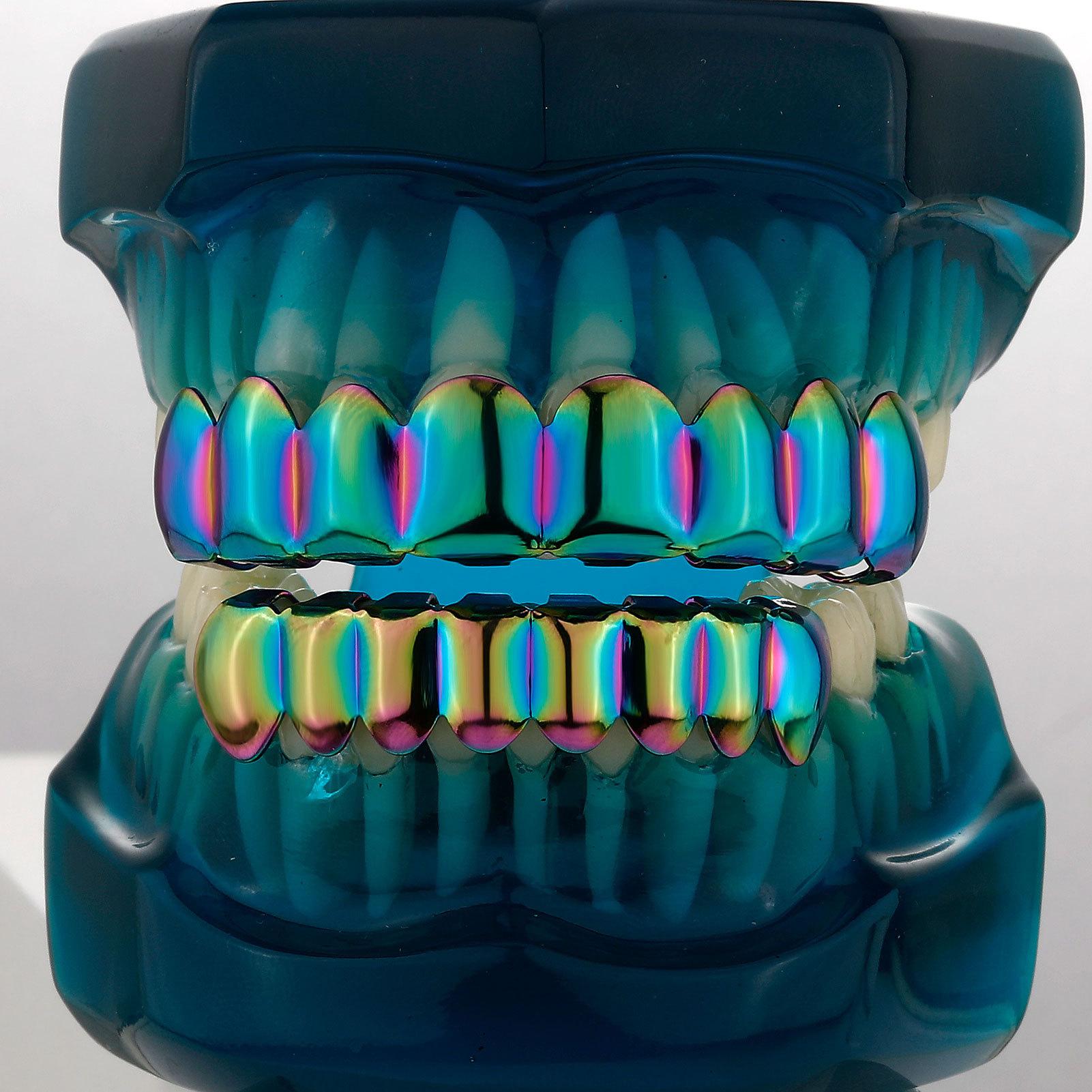 CRUSH CR Iridescent Holographic Top Bottom Teeth Grillz Set for Men Women, High-Gloss Mirror Finish, Hypoallergenic Removable Full Mouth Grillz, Perfect for Hip Hop Concerts, Music Festivals, Rave Outfits, Club Nights Cyberpunk Street Style
