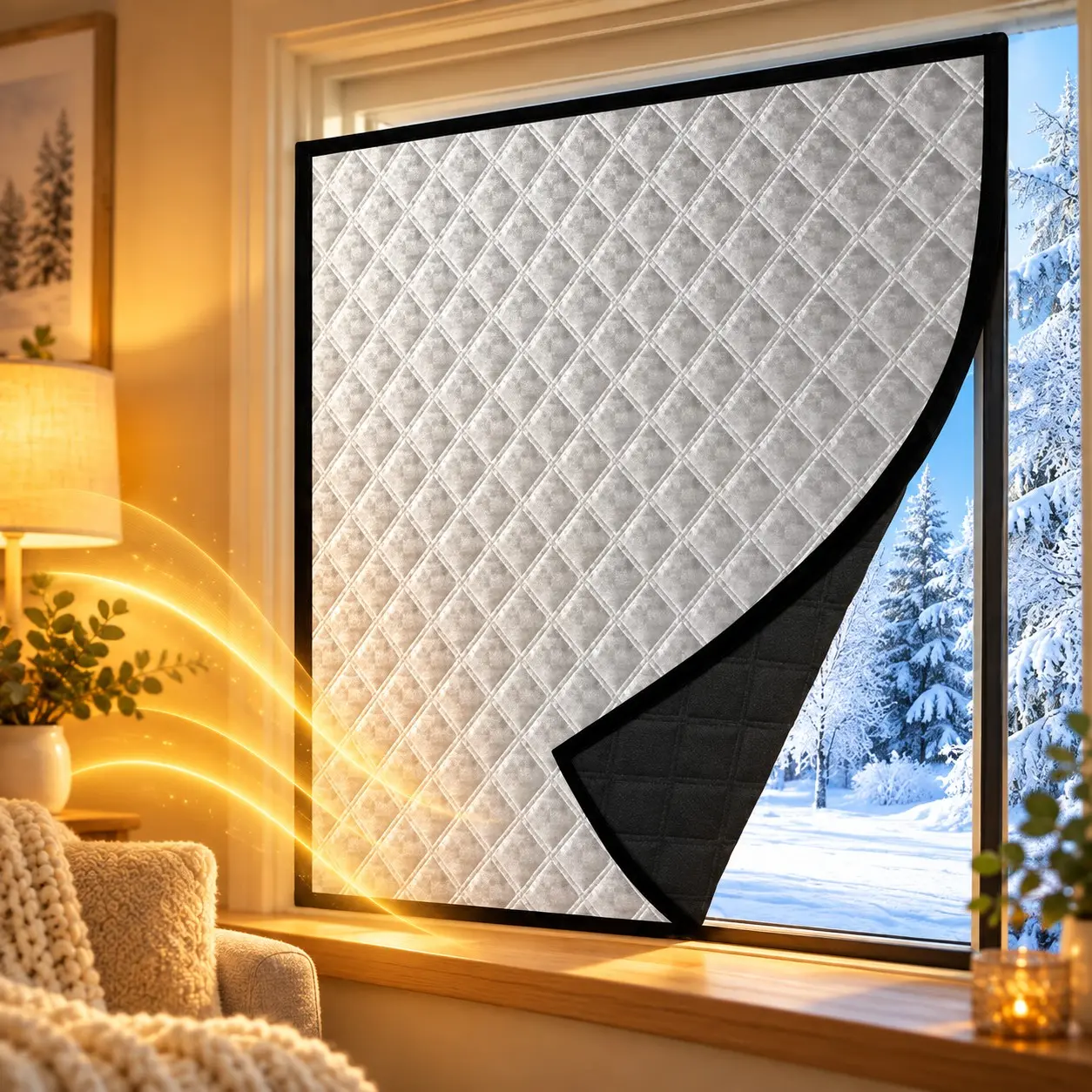Self-Adhesive Thermal Window Curtain, Silver Quilted Draft-Blocking Cover, No-Drill Installation for Bedroom & Living Room