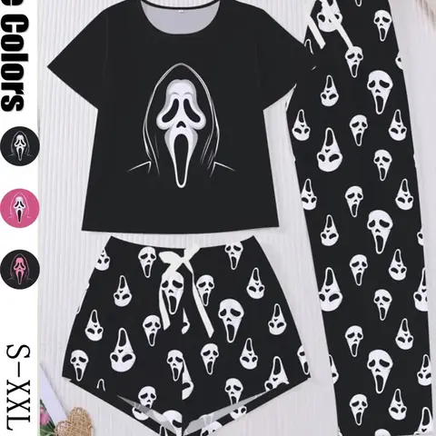 Halloween Pajama Set, 3-Piece Ghost Face Print Women's Sleepwear, Short-Sleeve Round Neck Top, Elastic Waist Shorts and Pants, Casual for Home, Halloween Loungewear