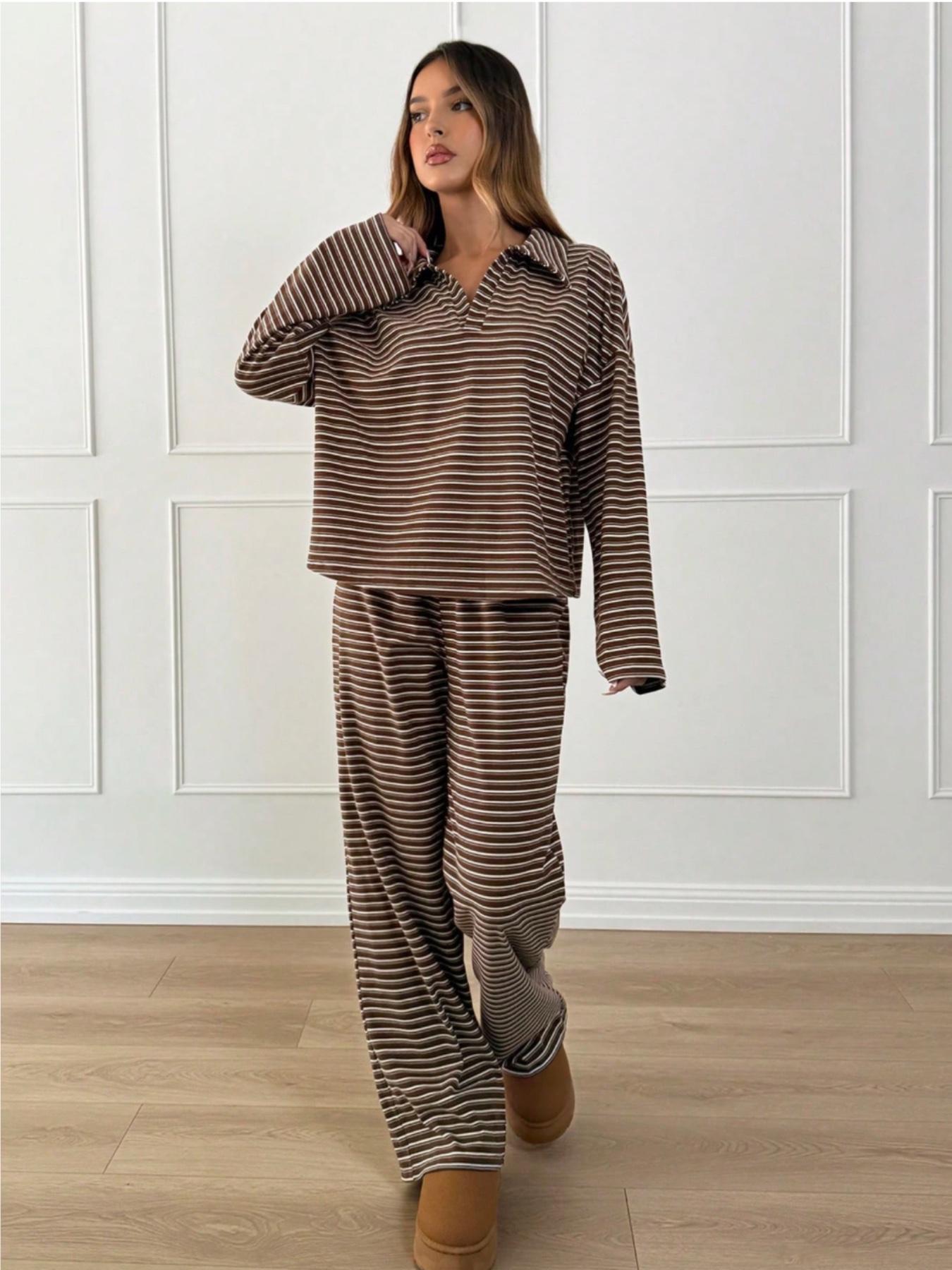 Women's 2pcs Set Loose Striped V-Neck Drop Shoulder Long Sleeve T-Shirt &Elastic Waist Striped Pants, Brown, Casual Sets For Women, Pajamas Set, Sleepwear Loungewear, Casual Sets For Women Brown Two Piece Set Women Women's 2pcs Set Loose Striped V-Neck Drop Shoulder Long Sleeve T-Shirt &Elastic Waist Striped Pants, Brown, Casual Sets For Women, Pajamas Set, Sleepwear Loungewear, Casual Sets For Women Brown Two Piece Set Women