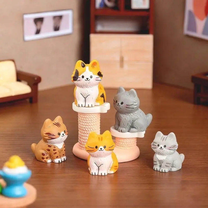 6PCS Cute Resin Cat Miniature Decorative Figurines Micro Landscape Dollhouse Model Kitten Ornaments Home Decoration Accessories