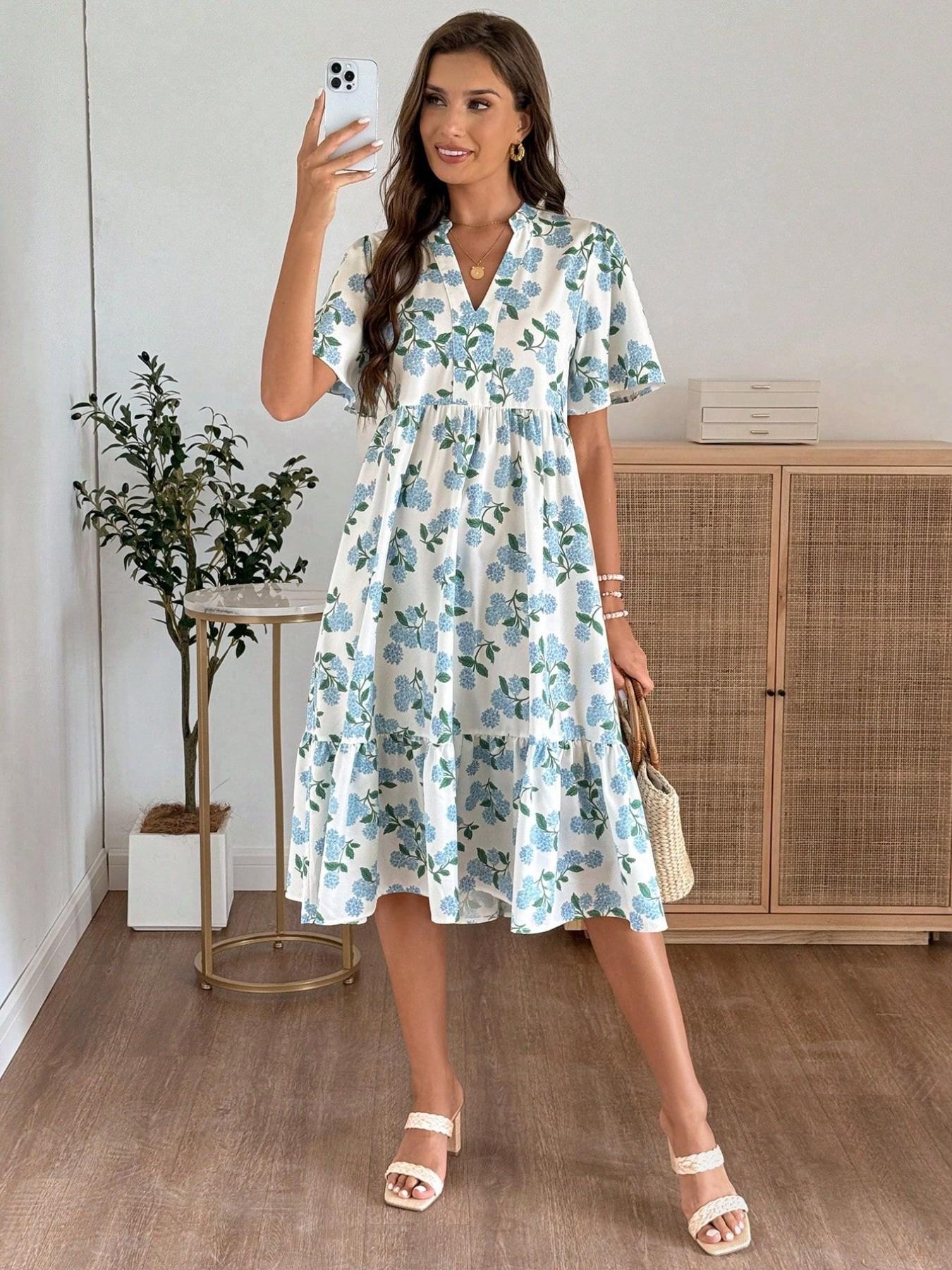 Women's Fashion Blue Floral V Neck Short Sleeve a Line Dress, Summer Loose Fit Slimming Medium Long Babydoll Style Vacation Dress, Womenswear