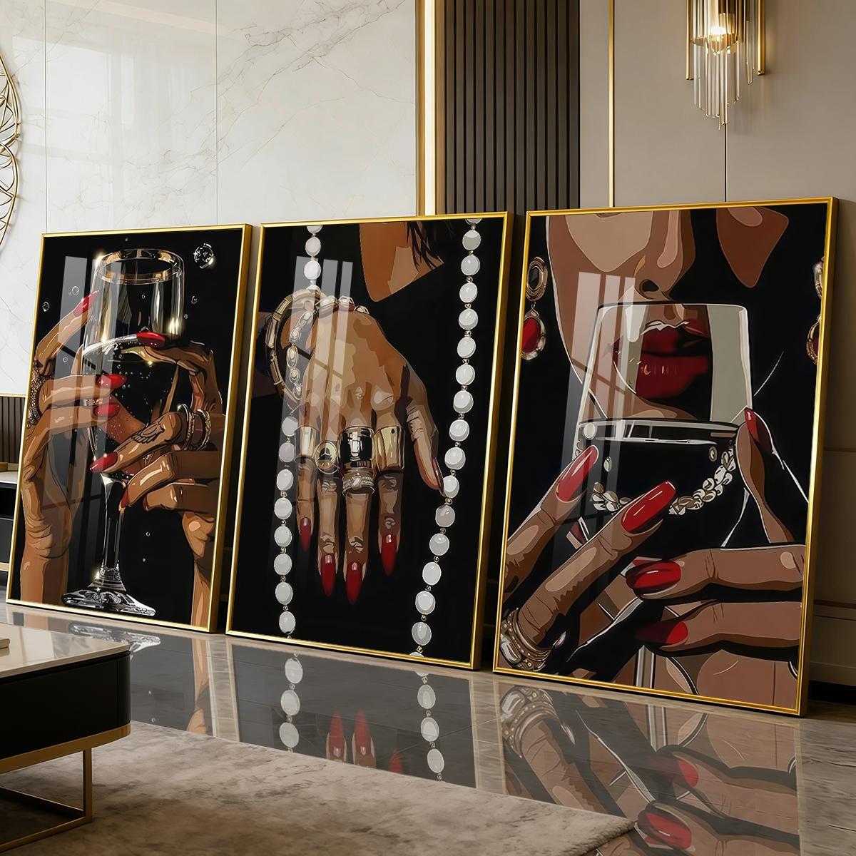 3 Counts Aluminum Alloy Framed Painting, Elegant Woman Hands With Wine Glass And Jewelry Pictures, Home Decoration For Living Room, Bedroom, Office, Restaurant, Hallway Wall Decor, Odorless Print Artwork, Luxury Perfect Gift For Friends And Family