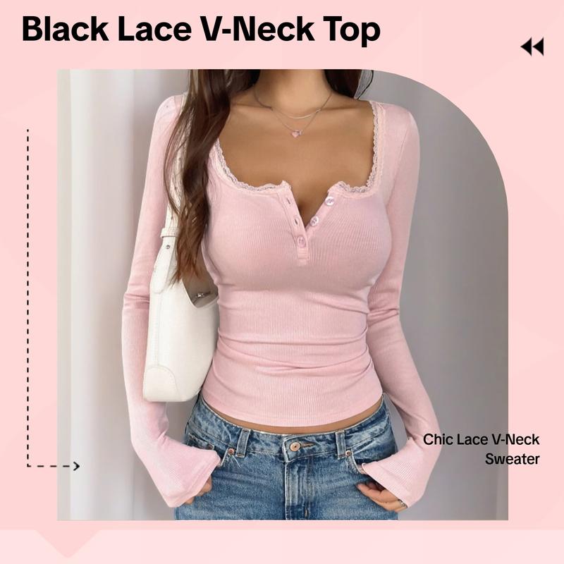 Lace Trim V-Neck Long Sleeve Top, Casual Knitted Striped Sweater, Warm and Versatile for Fall & Winter, Daily Wear, Lace Knit Design