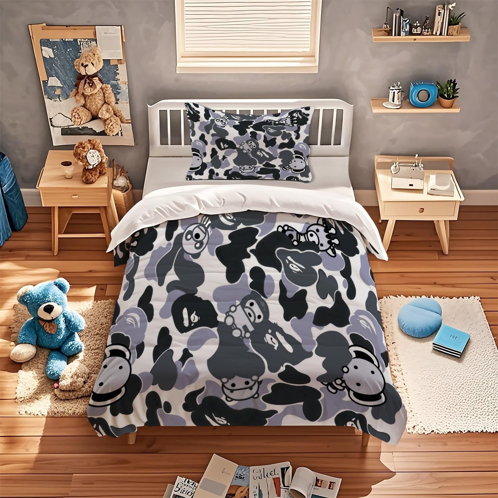 2/3 PCS Cartoon Camouflage Anime Style  Duvet Cover Set, Youthful Personalized Duvet Cover with Zipper, Easy to Remove, Trendy Decor for Bedroom, Housewarming Christmas Birthday Gift for Teens & Toy Collectors, No Filling