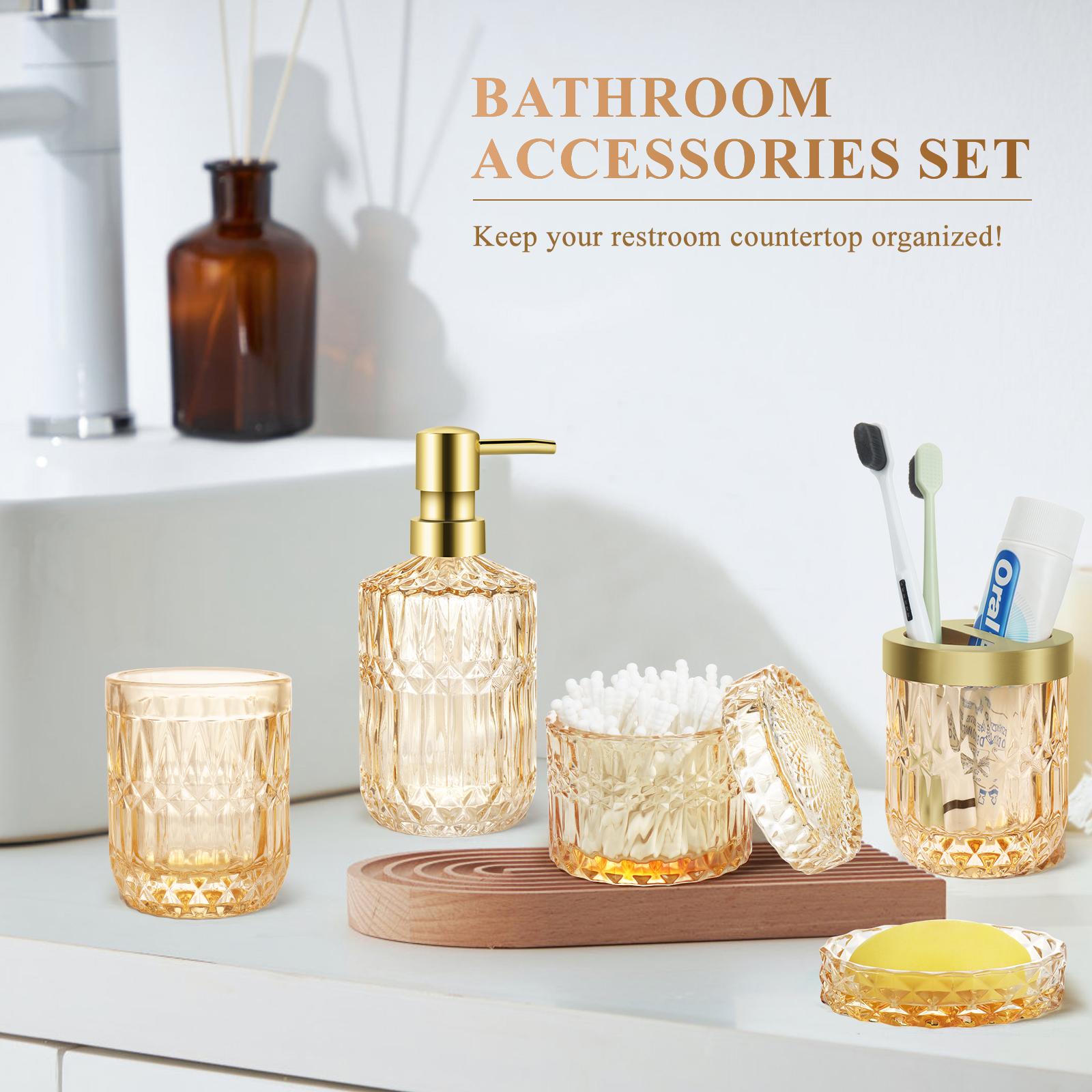 PLL Green Bathroom Accessories Set, 5Pcs Clear Glass Bathroom Accessories, Vanity Bathroom Decor, Hand Soap Dispenser, Soap Dish, Toothbrush Holder Set, Modern Countertop Organizer, Housewarming Gift Set