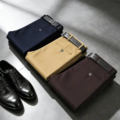 3-Pack Men's Business Casual Straight Mid Trousers. Wrinkle-resistant, smooth, structured fabric, no creases when sitting long. Black/Khaki/Burgundy. Ideal for office & daily wear. Cost-effective for quality men. (Belt not included)
