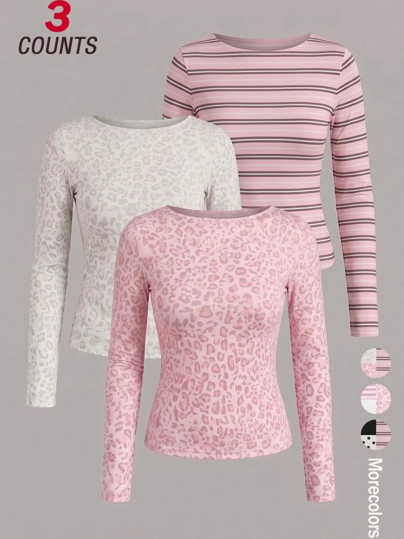 3 Pack Women Pink Leopard & Striped Print Long Sleeve Top Set, Boat Neck Soft Stretch Slim Fit Long Sleeve T Shirts, Sweet Spicy Casual Style, Perfect For Daily Shopping, Coffee Date, Street Shooting And Vacation Outfits