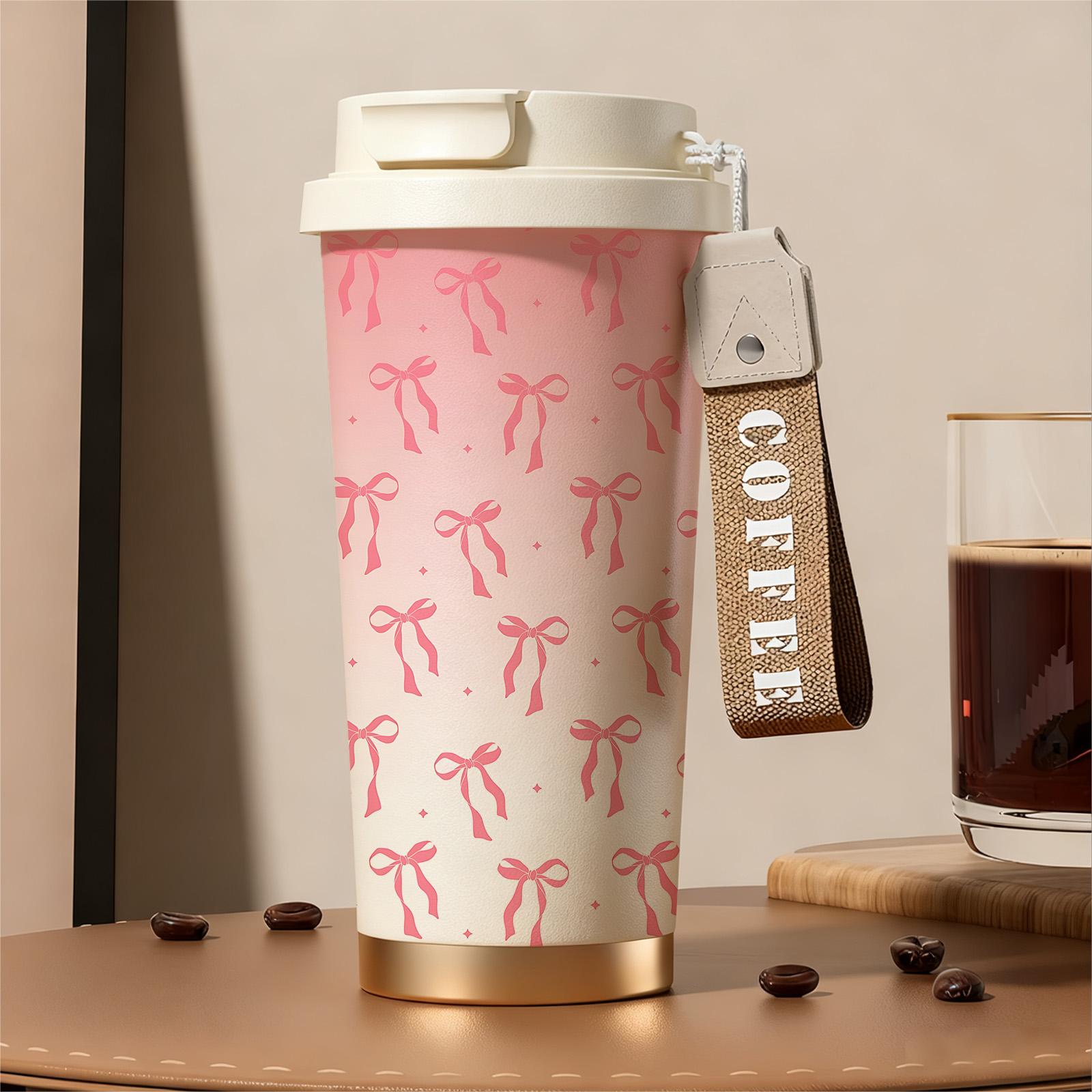 1 Pc insulated mug pink bow ribbon vacuum cup, Vacuum insulated flask, double wall stainless steel leak-proof travel coffee tumbler, tumbler for hot cold drinks, keeps warm 12 h/cold 24 h, 18oz pink thermal mug for women, holiday gift