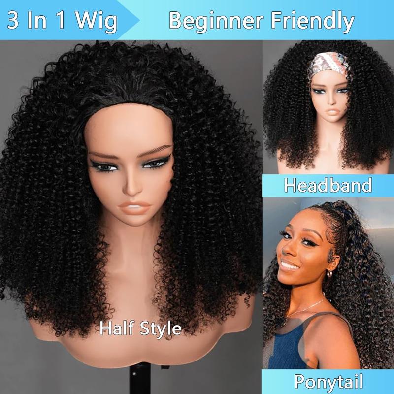 [3 In 1 Half Wigs] 250% Density Glueless Deep Wave Half Wig Human Hair Glueless Wigs Human Hair Deep Curly for Women Drawstring Seamless Flip Headband Wig Beginner Friendly