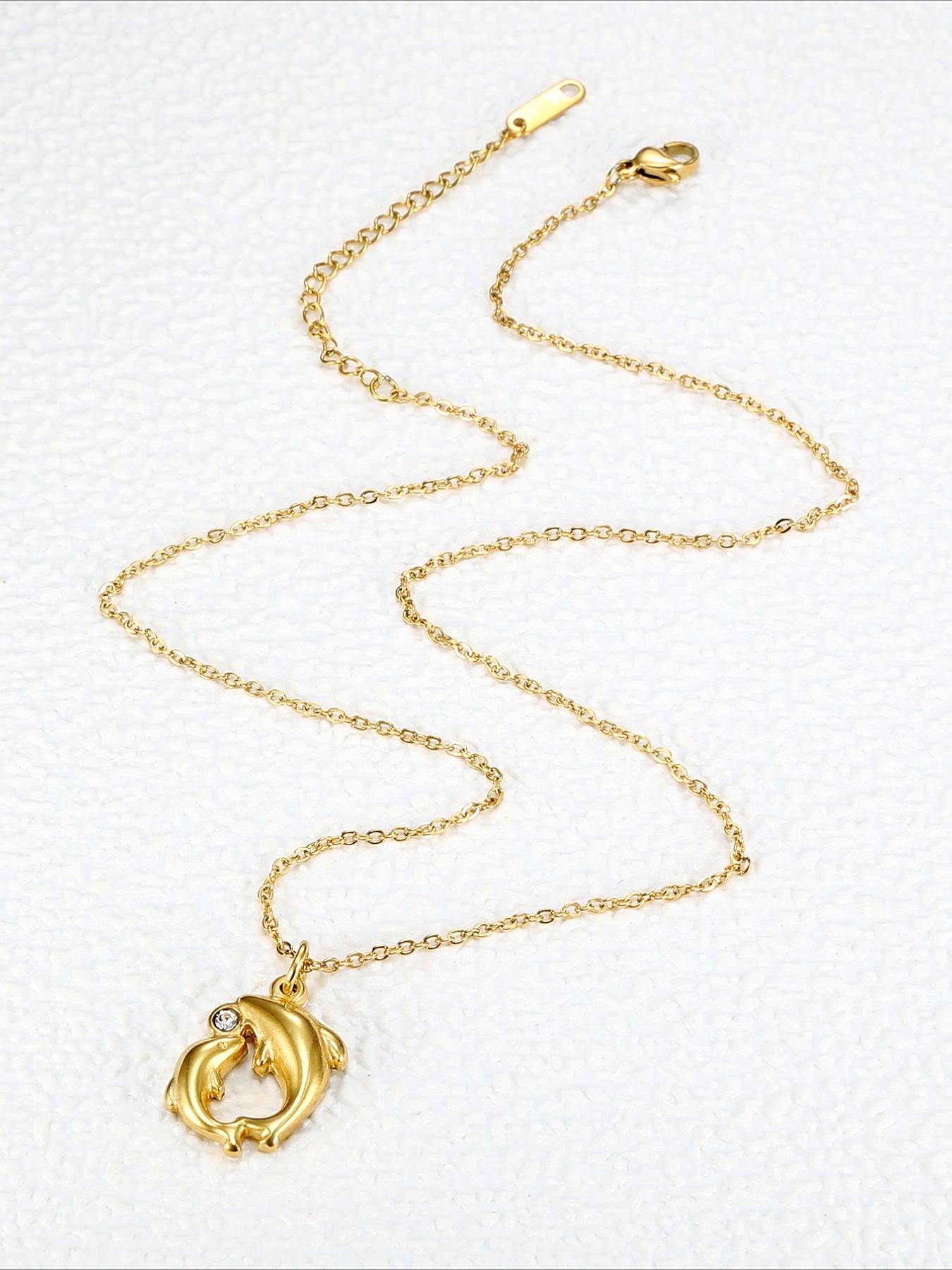 Stainless Steel Double Dolphin Set Zircon Necklace, Three-dimensional Dolphin Shape, High-end Stainless Steel Accessories, Versatile for Daily Use