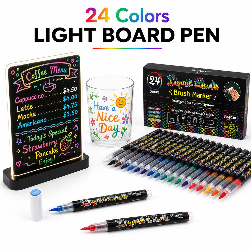 12/24 Color Erasable Liquid Chalk Marker, Soft Tip Fluorescent Glass Blackboard Pen, Dust-Free Wet-Erasable Washable Markers, Ideal for Holiday Decorations