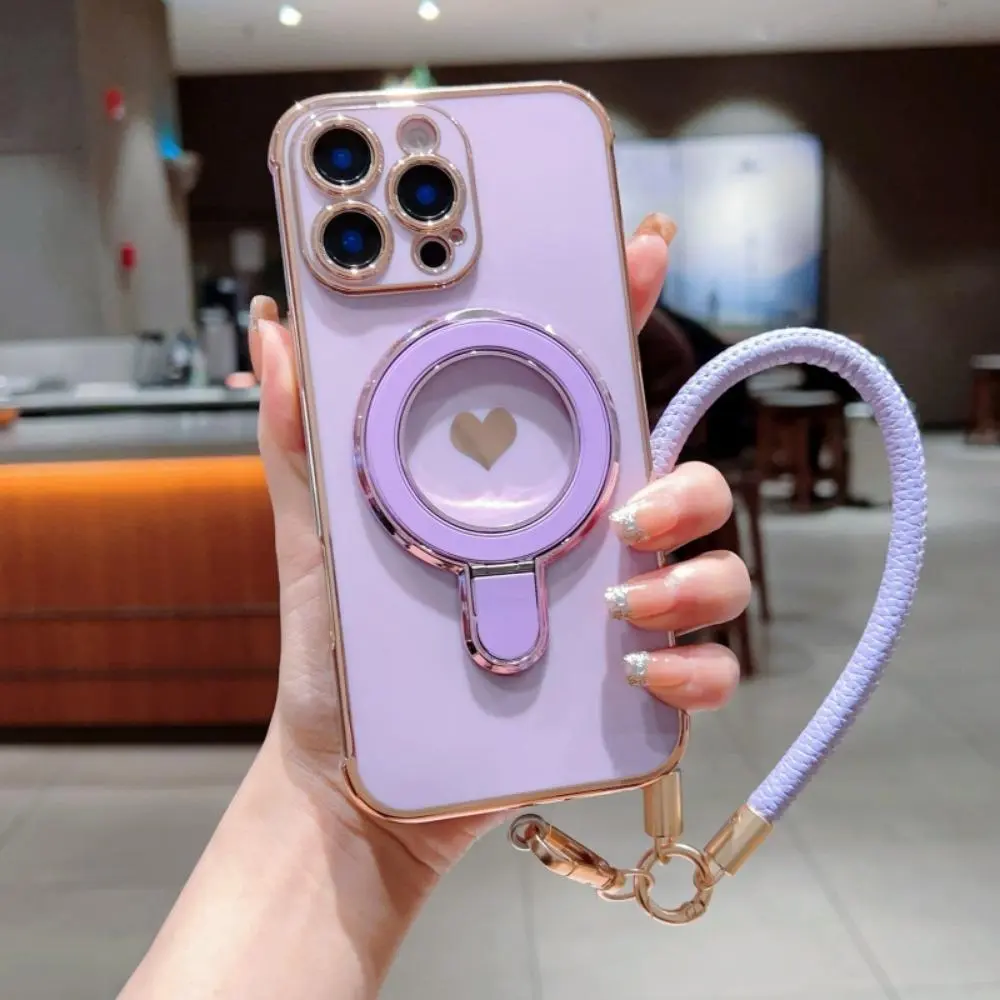Phone Case - Electroplated Heart Side + Stand + Hand Strap Phone Case Compatible with for Apple Iphone 16 15 14 13 Pro Promax