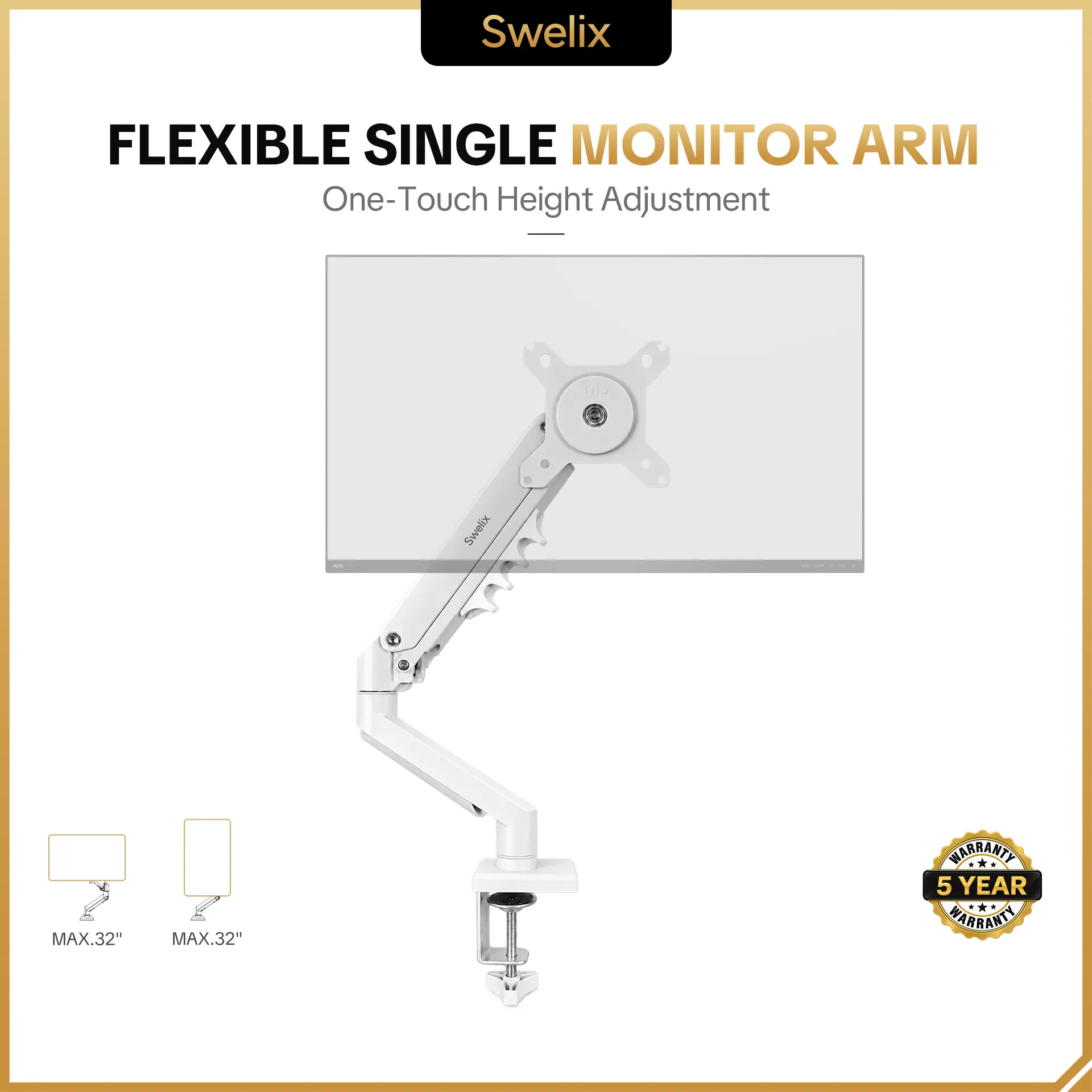 SWELIX Flexible Single Monitor Arm - Adjustable Desk Mount for 15-32" Screens, Computer Accessories, Quick VESA Install, Cable Management, 19.8lbs Capacity, C-Clamp/Grommet Install, Gaming/Office Use