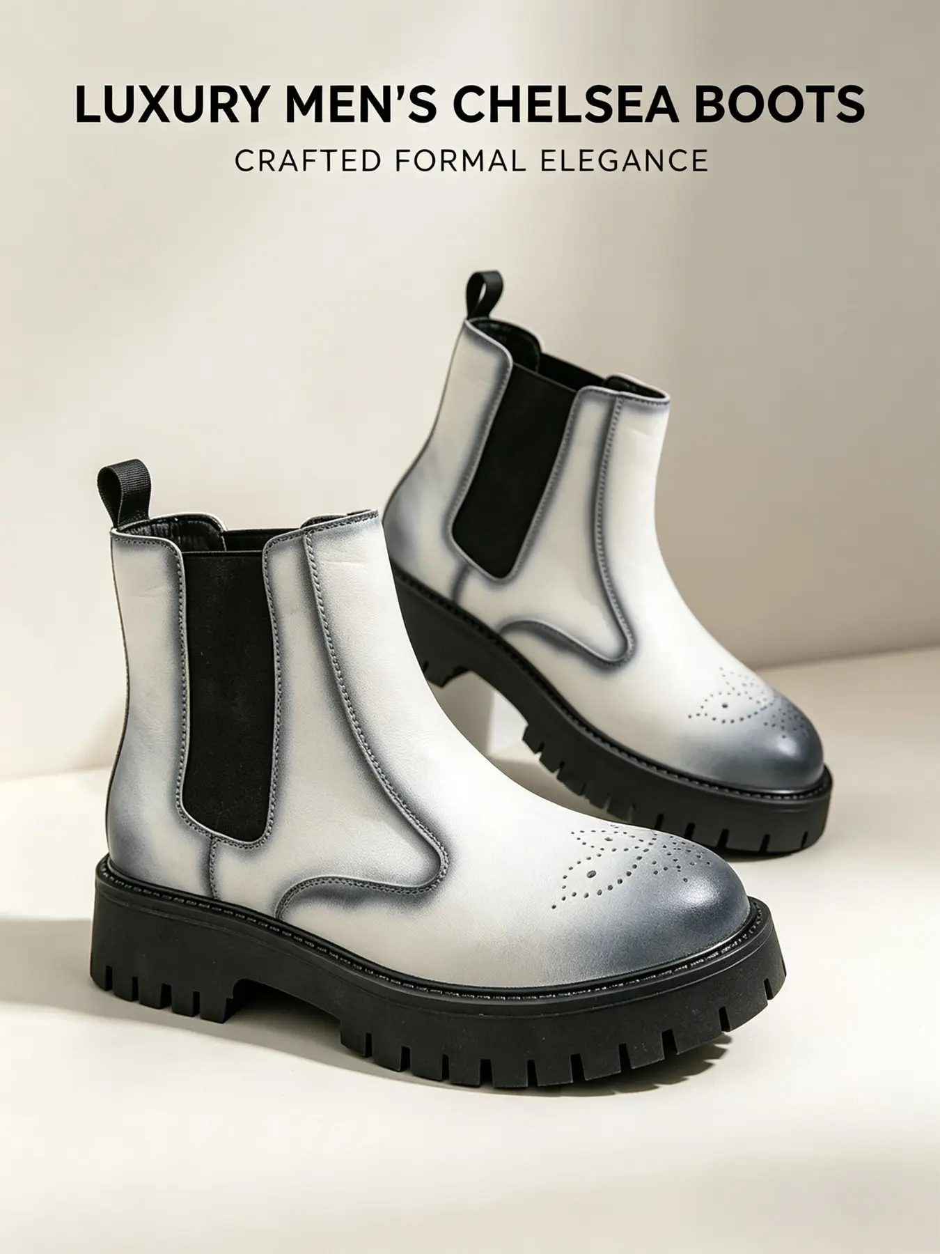 Men's Vintage Brogue Chelsea Boots, Thick Sole Height Boost, Casual Fall&winter Footwear, PU Upper & Rubber Sole, Trendy British Style