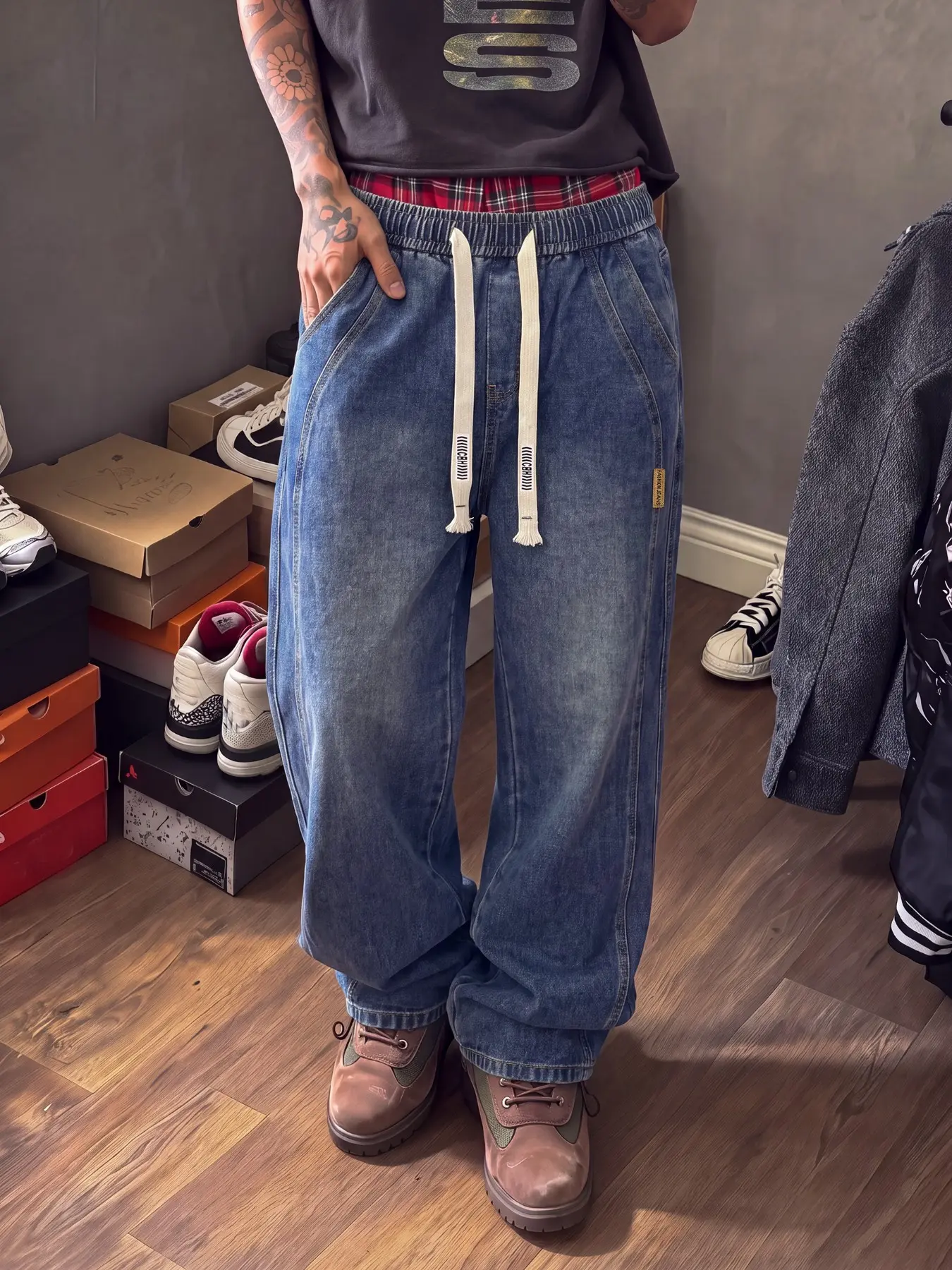 Men's Straight-Leg Denim Jeans, Elastic Drawstring Waist Design, Comfortable Fit, Versatile for Everyday Wear in All Seasons, Ideal Gift for Boyfriend or Husband