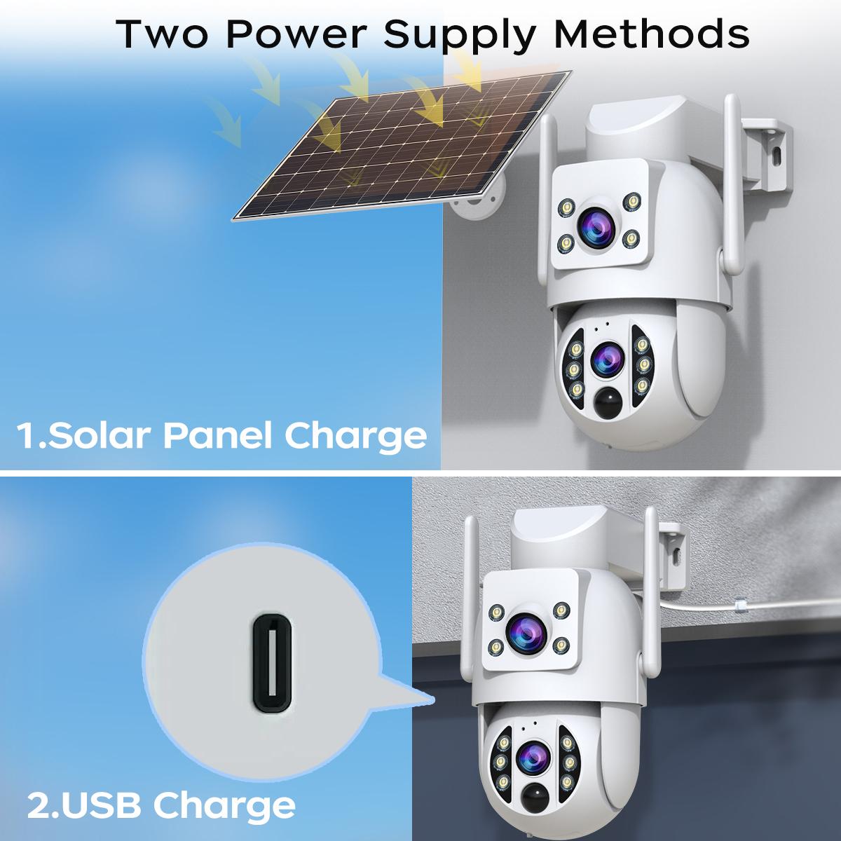 【JOOAN 2K 3MP WiFi Wireless Solar Dual Lens Outdoor 360° PTZ Dual Screen Security Camera】Outdoor/Indoor IP66 Waterproof, Color Night Vision, PIR Human Detection, Two-Way Talk, Auto Tracking, Siren Alarm, SD/Cloud Storage (Optional), Alexa Compatible
