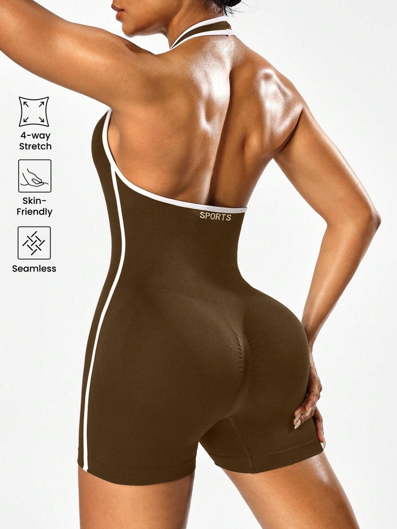 Women's Sporty Jumpsuit Shorts, Backless Hollow Design, Sexy Breathable Shorts, Perfect for Gym Outdoor Sports, Daily Wear, Sports Jumpsuits
